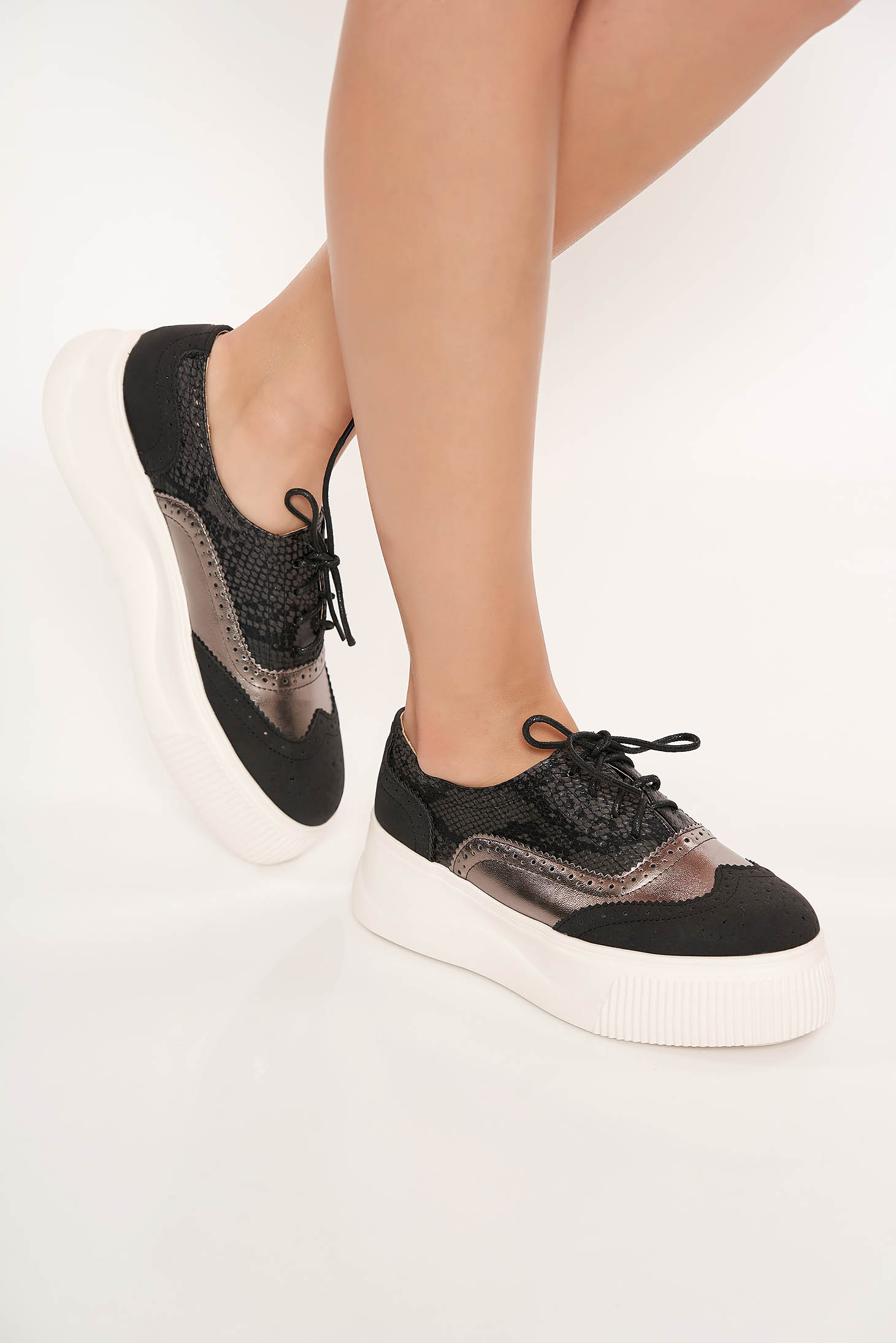 Pantofi sport negru casual din piele ecologica cu siret