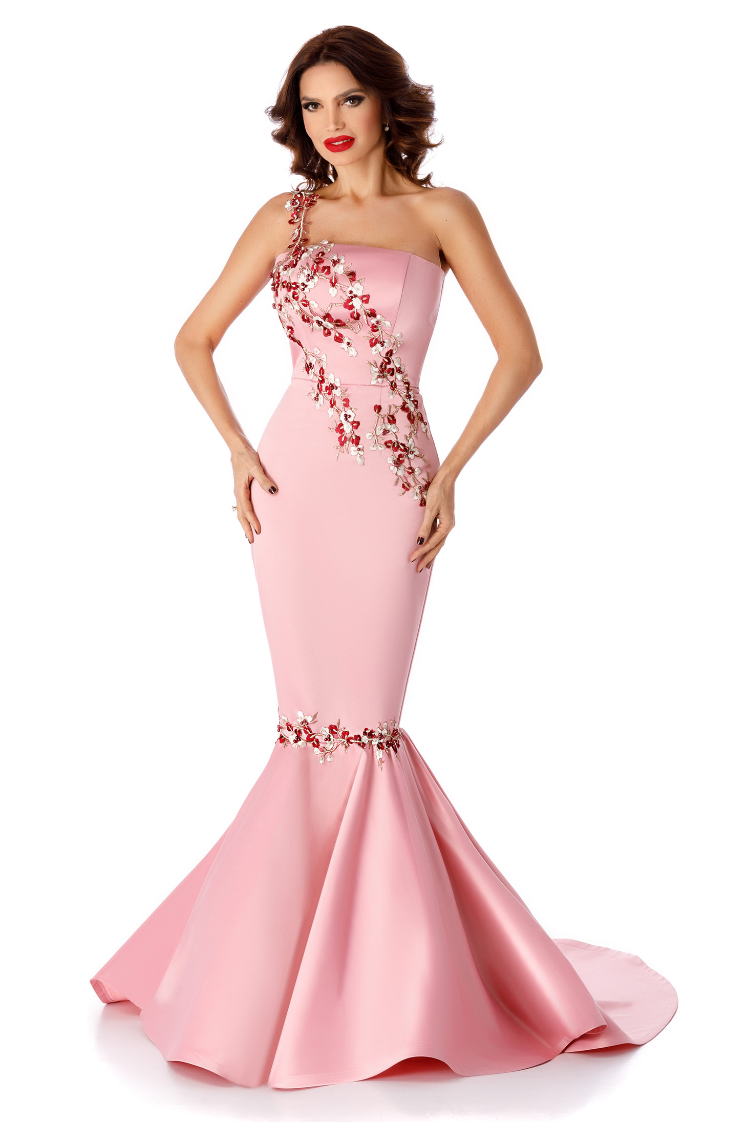 Rochie Roz De Ocazie Tip Sirena Cu Dantela Aplicata Manual