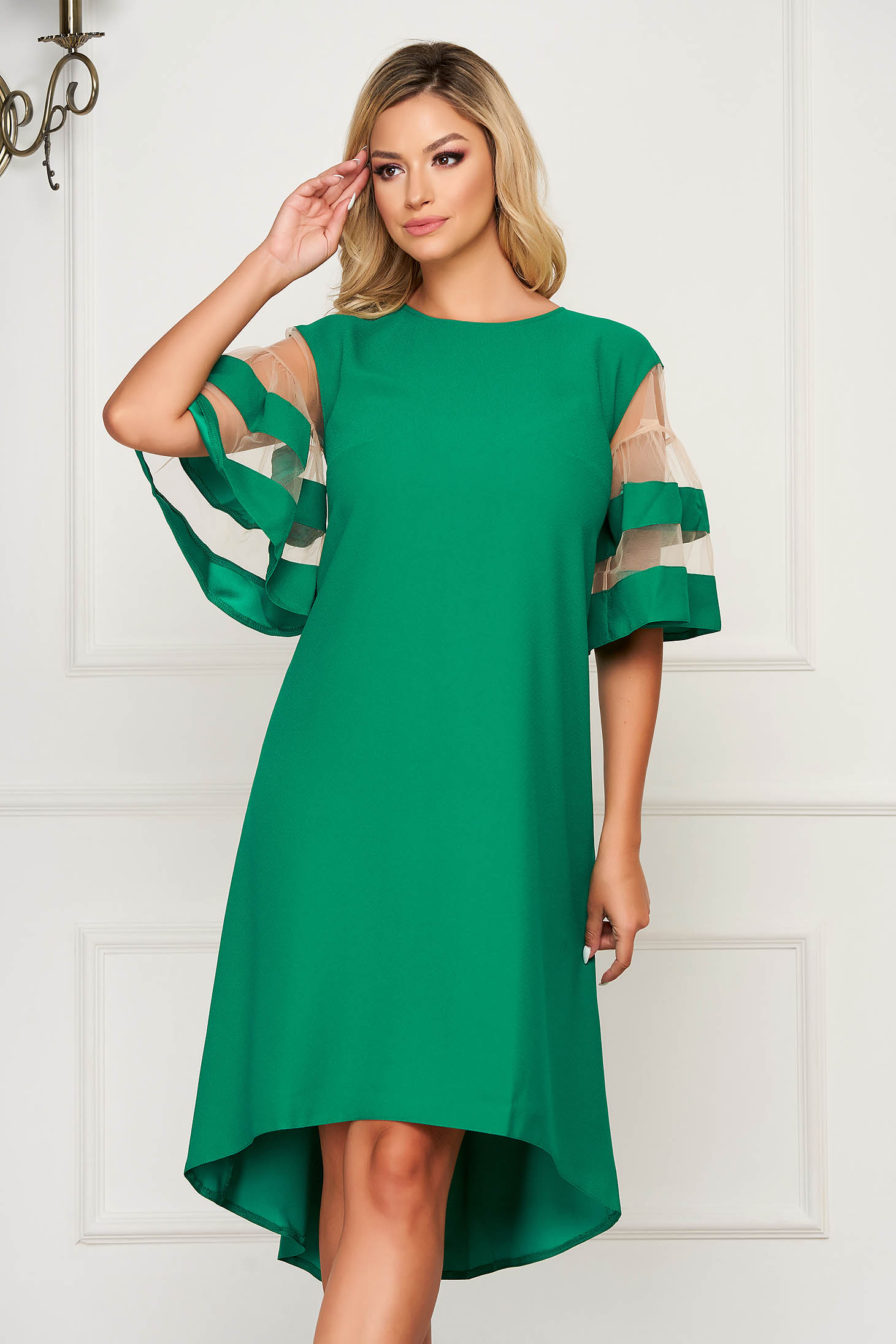 Green elegant flared asymmetrical dress thin fabric short sleeves 1 - StarShinerS.com