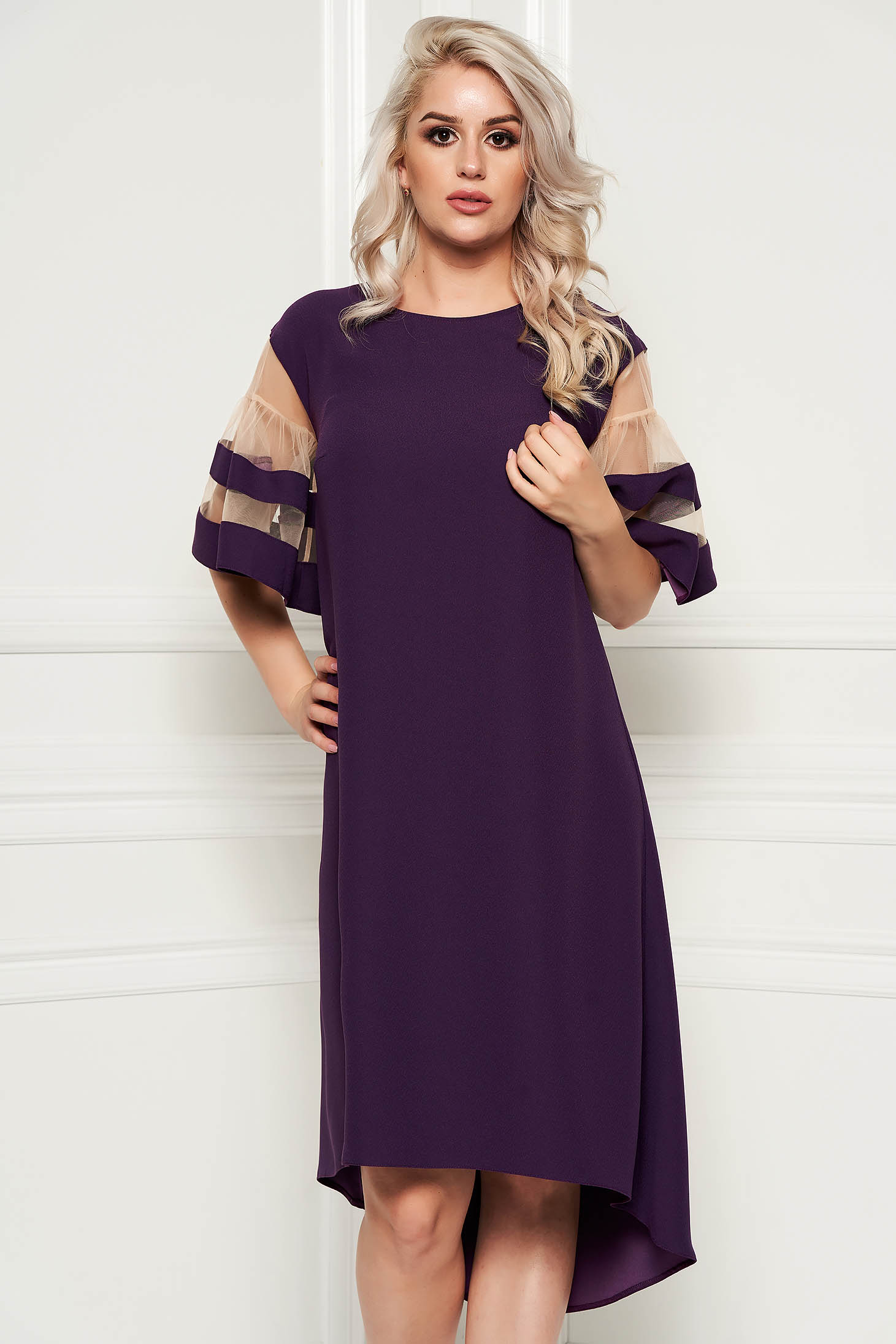 Rochie mov eleganta asimetrica cu croi larg din material subtire cu maneci scurte
