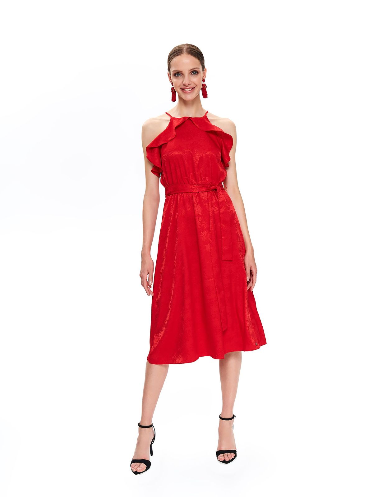 red midi ruffle dress