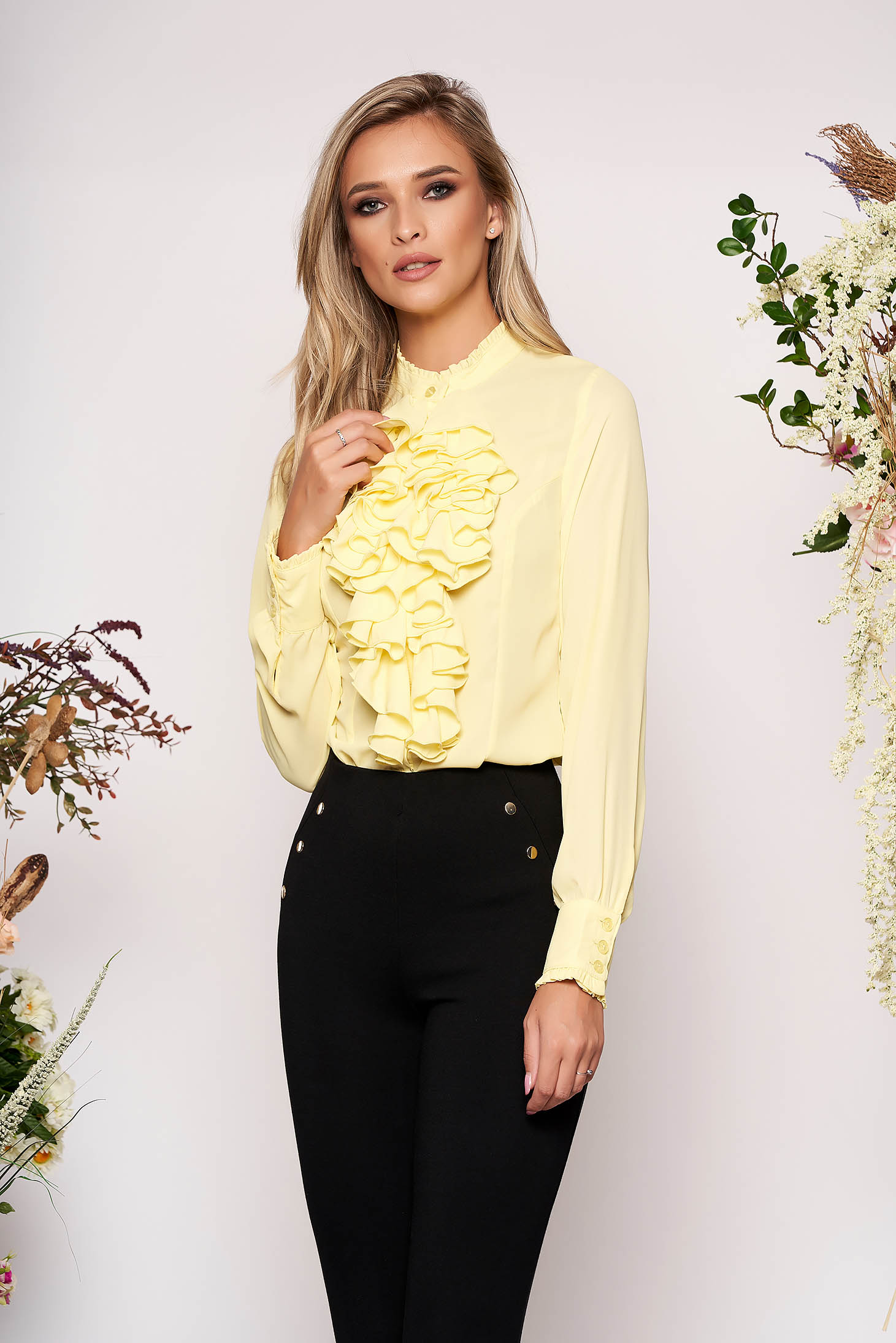StarShinerS yellow office women`s blouse with ruffles on the chest ...