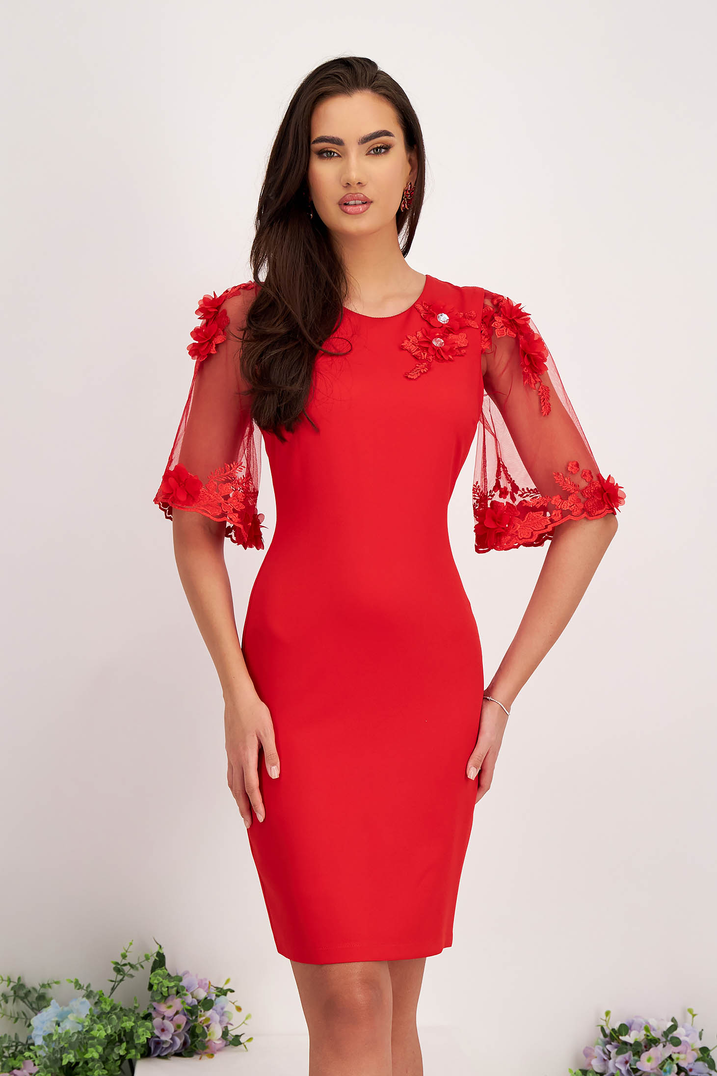 Red pencil type elastic fabric dress with handmade applied details and lace sleeves - StarShinerS 1 - StarShinerS.com