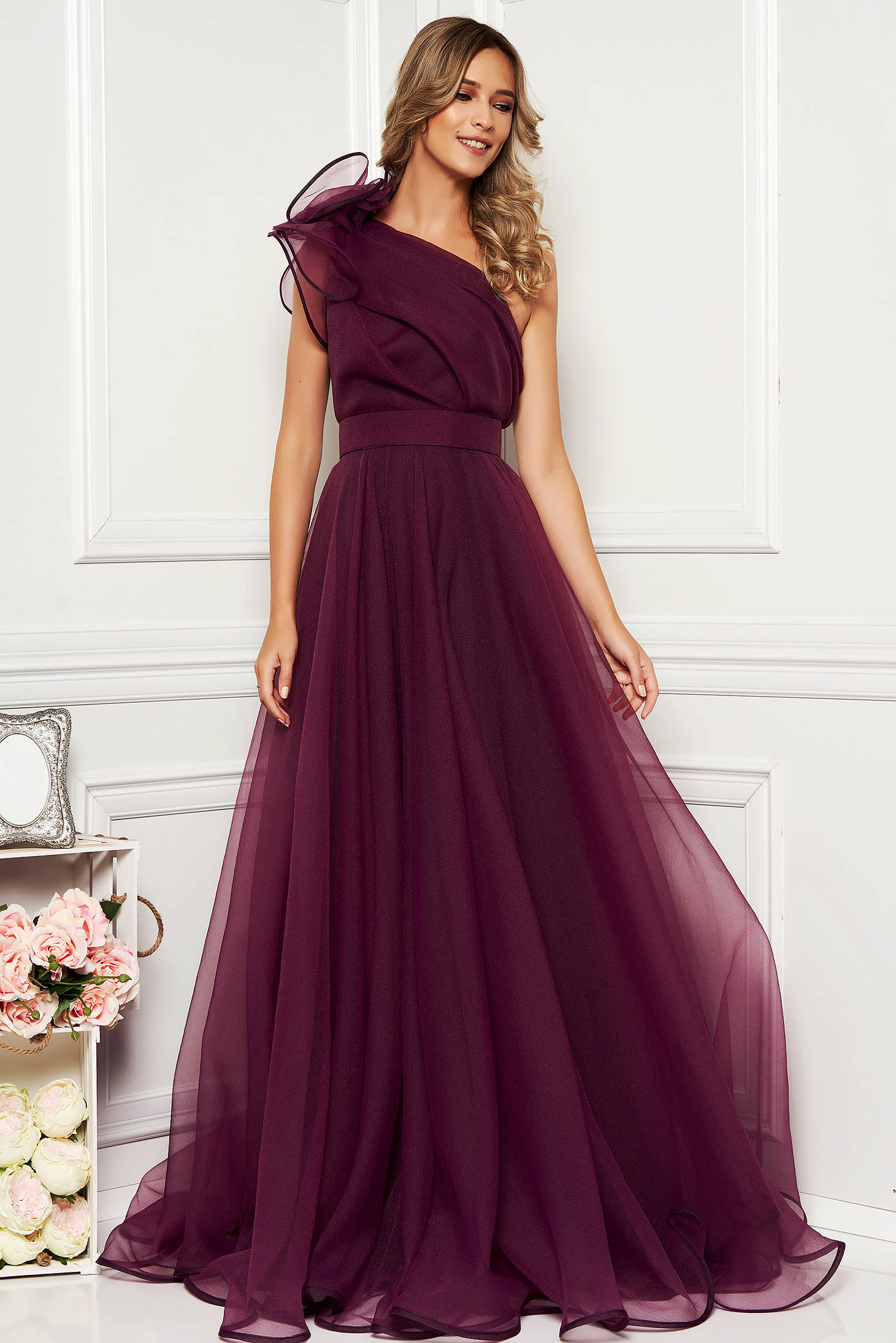 Ana Radu purple luxurious dress with inside lining accessorized with tied waistband one shoulder flaring cut