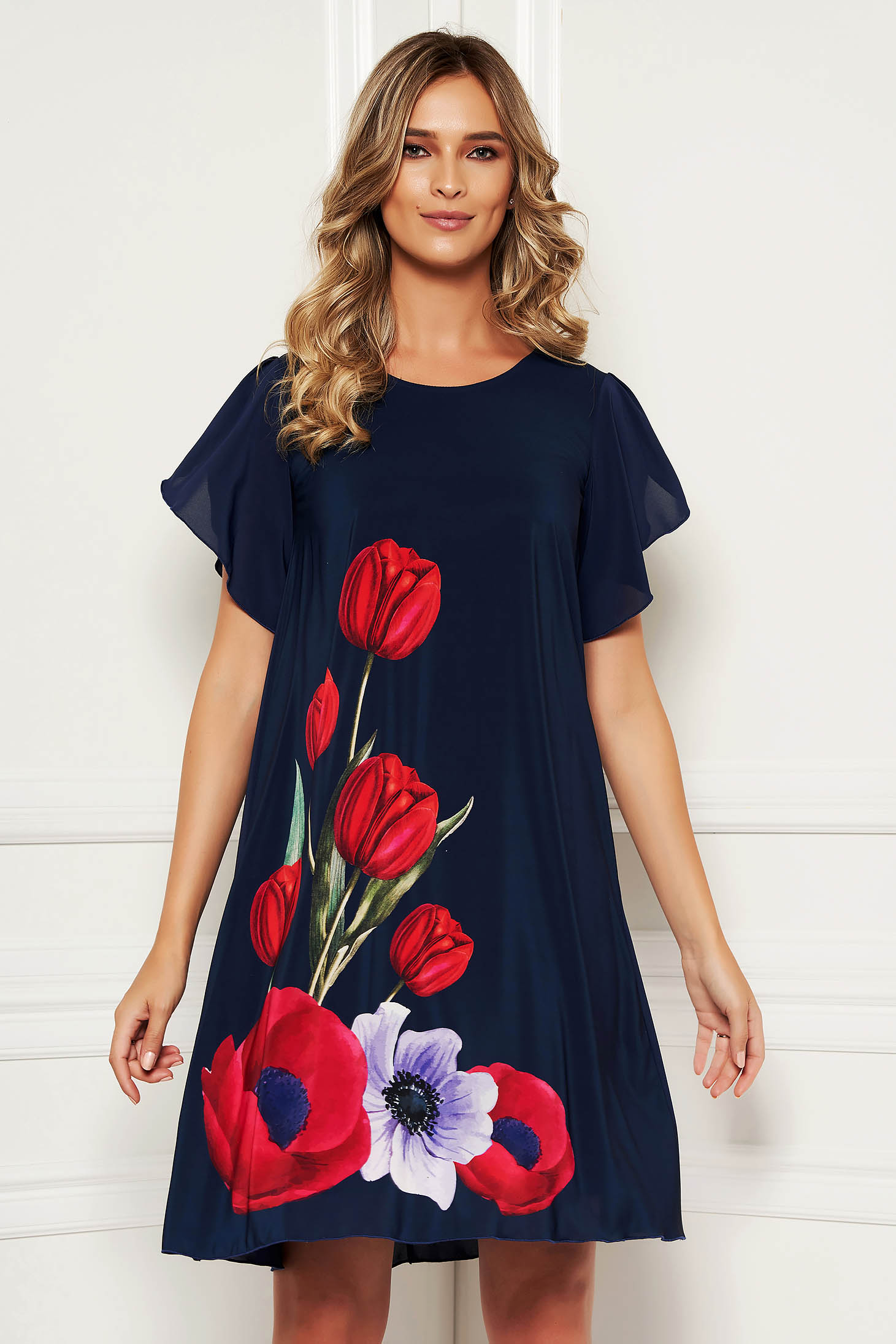 Rochie StarShinerS albastru-inchis de ocazie din voal in clos cu imprimeu floral si maneca tip