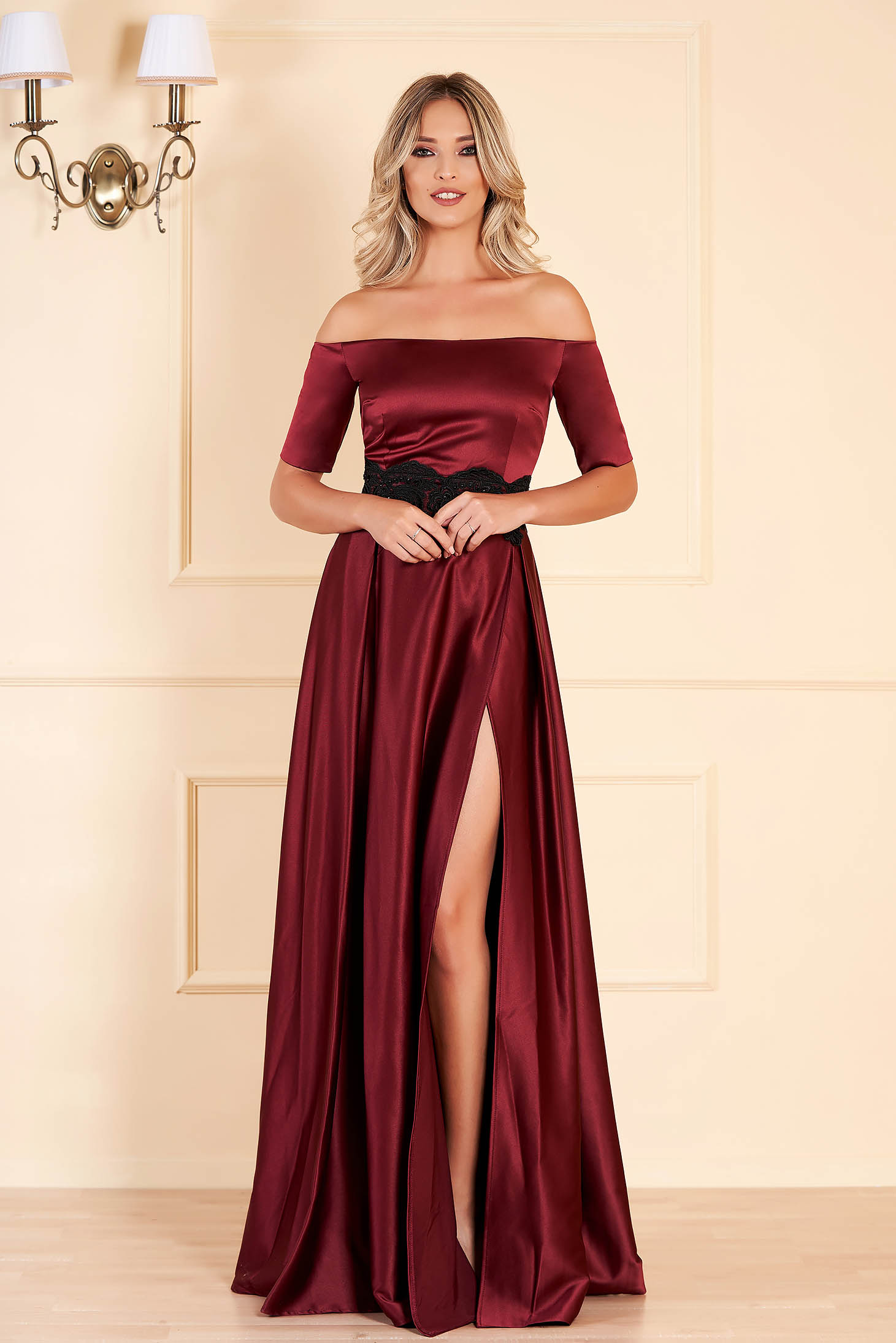 Burgundy dress  naked shoulders elegant  evening dresses  