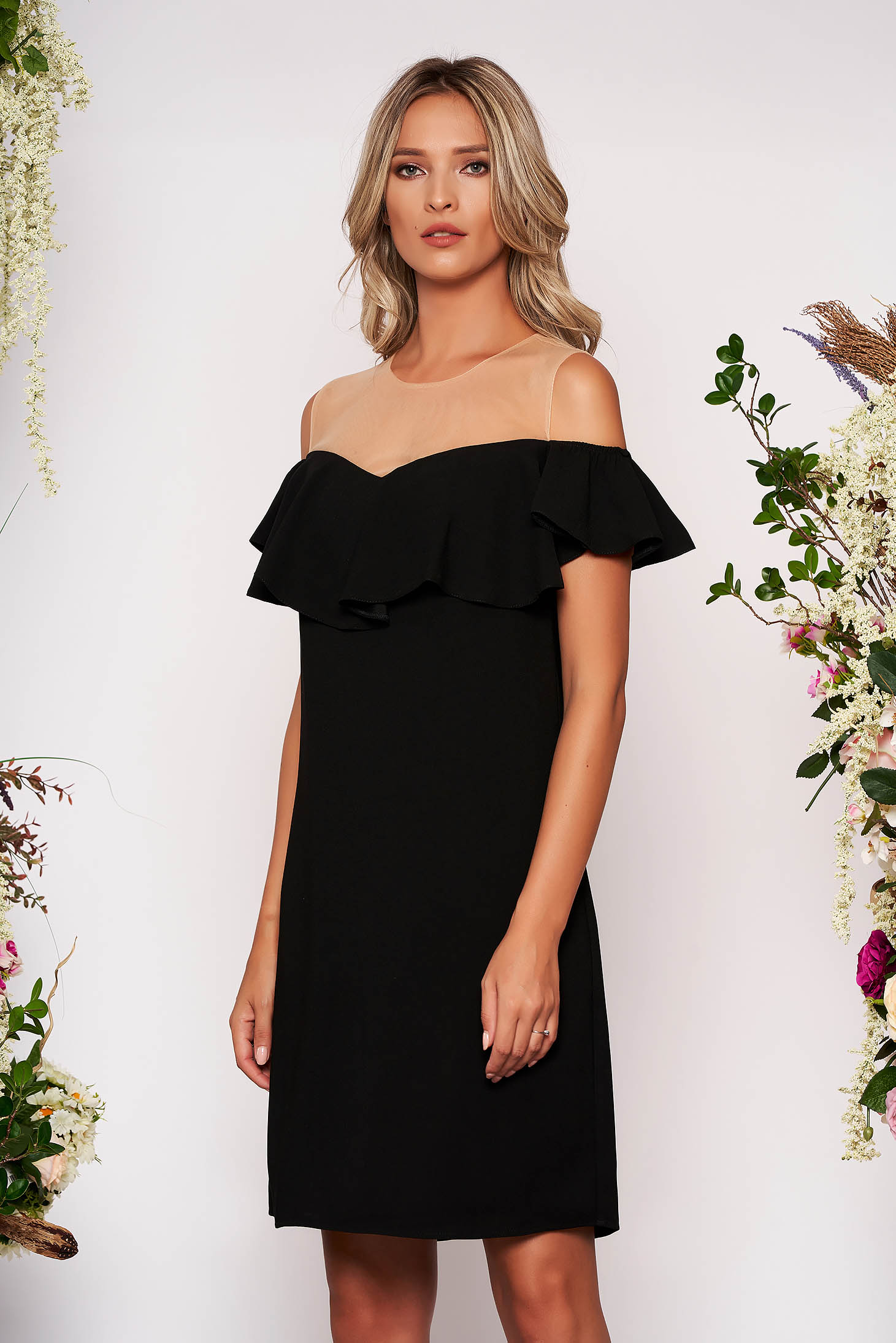 Black dress elegant straight midi with ruffles on the chest net shoulders without clothing 1 - StarShinerS.com