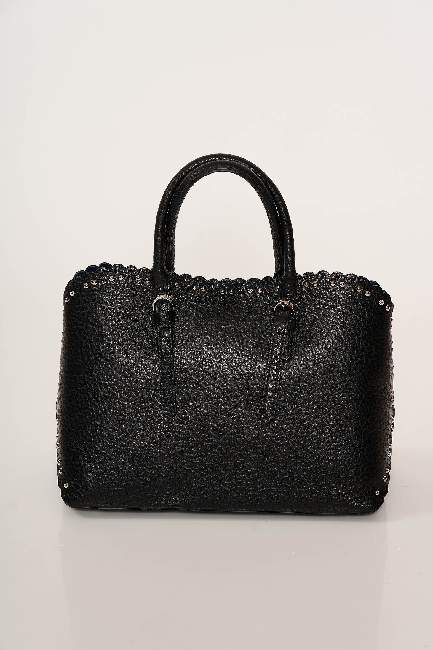 Black office bag natural leather with metallic spikes short handles