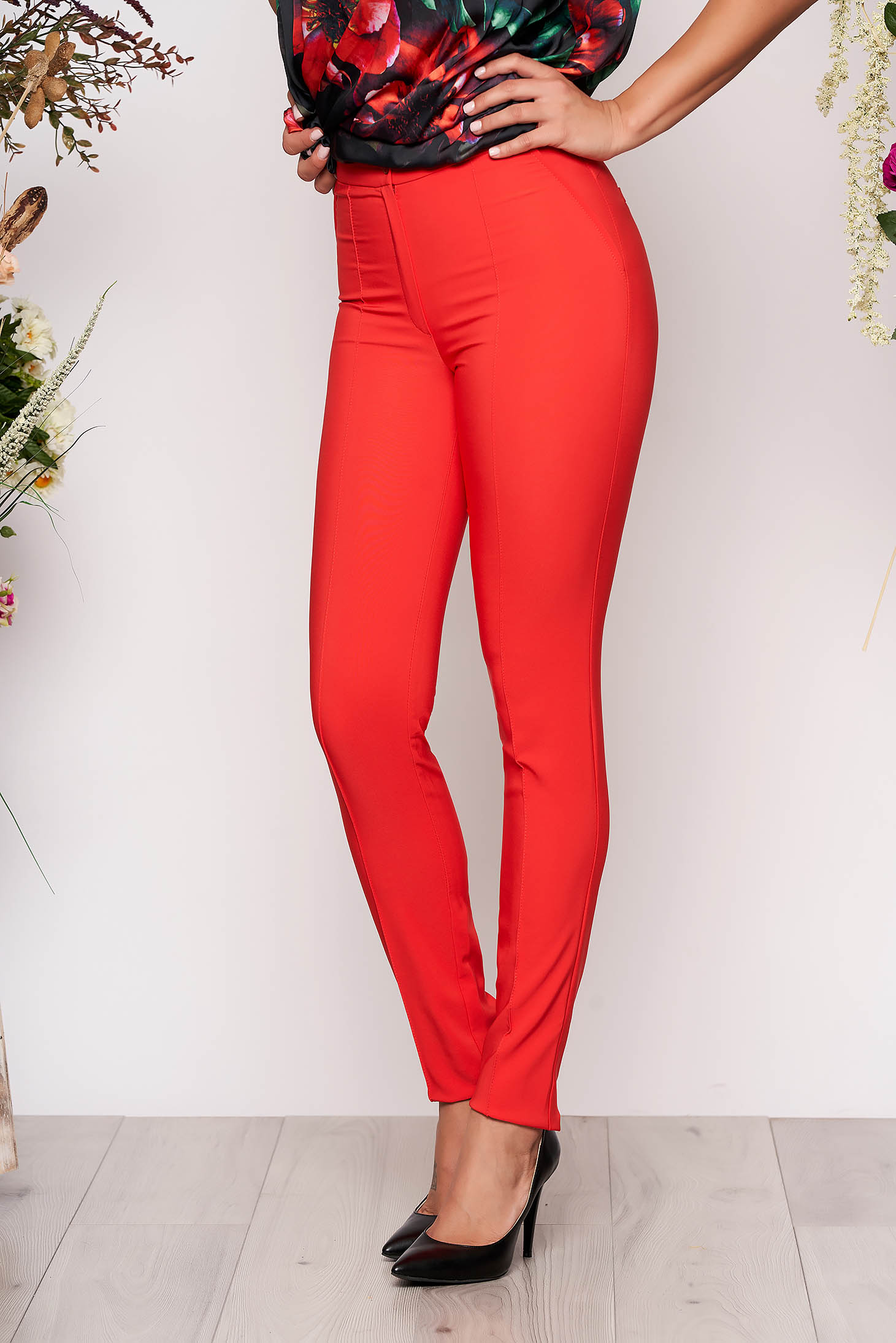 Coral trousers office with medium waist conical slightly elastic fabric with faux pockets 1 - StarShinerS.com