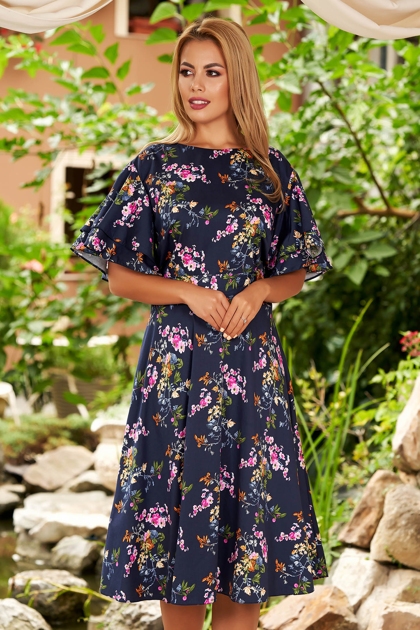 Darkblue dress daily midi cloche with butterfly sleeves detachable cord ...
