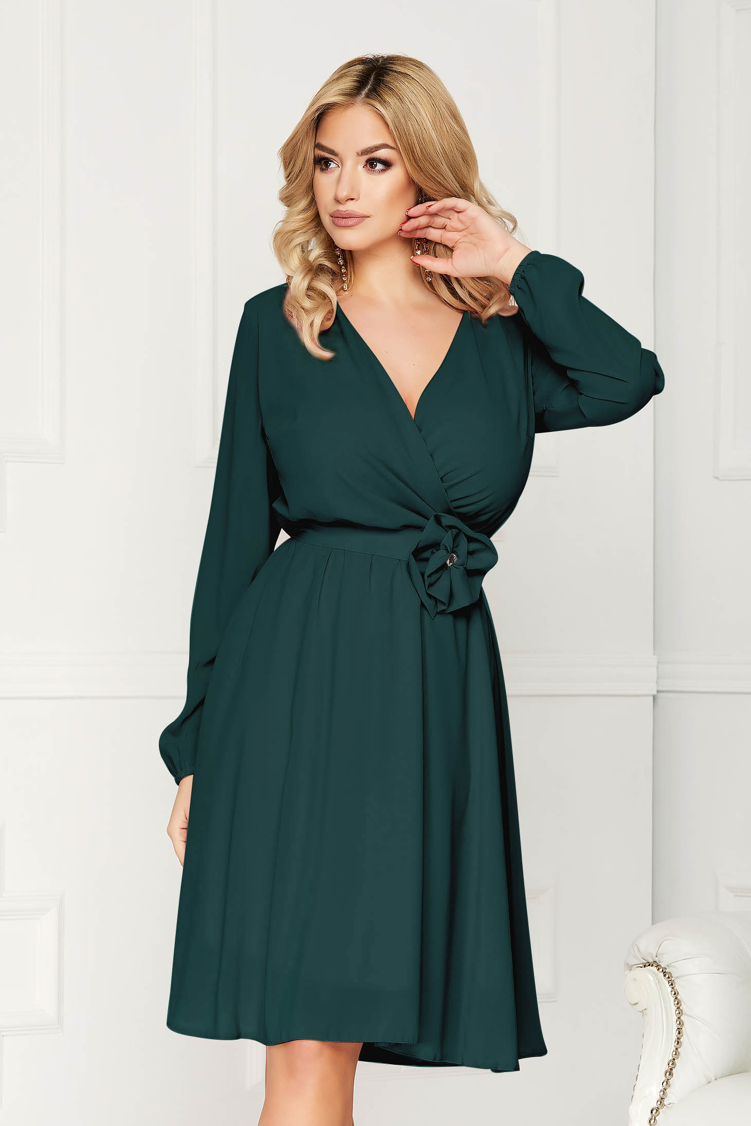 StarShinerS green dress occasional midi cloche airy fabric with elastic waist long sleeved wrap over front