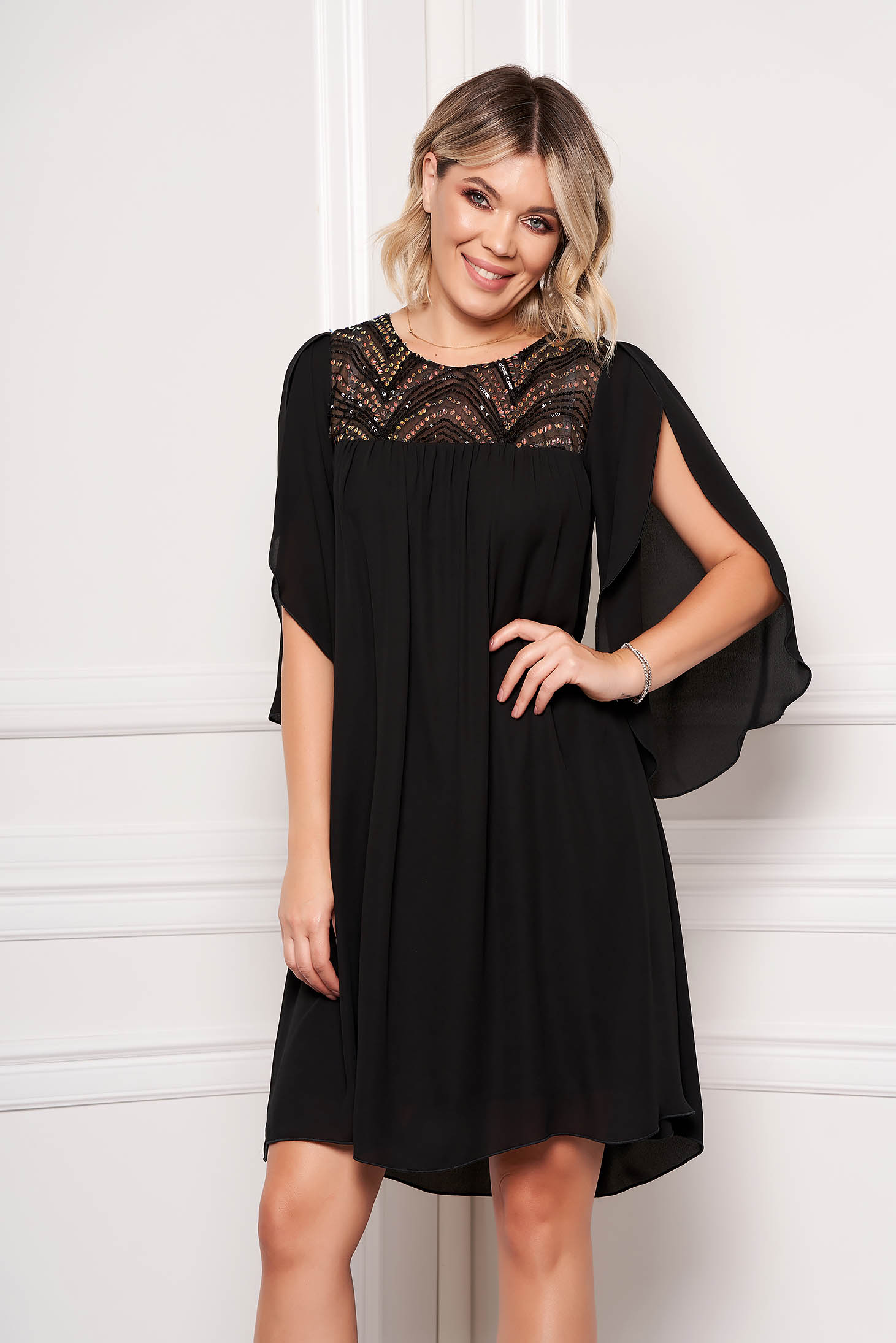 StarShinerS black dress occasional short cut from veil fabric with cut-out sleeves with sequin embellished details loose fit