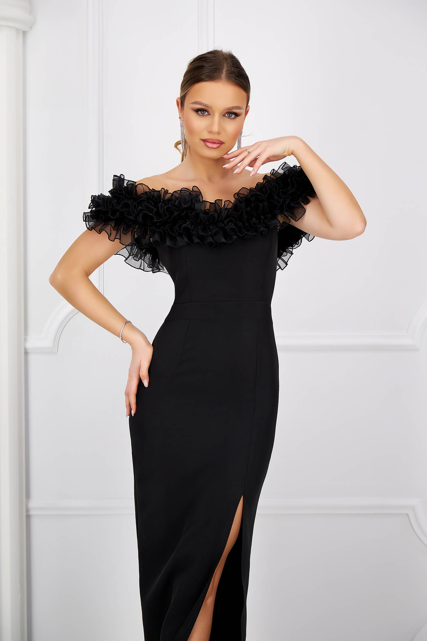 Black dress long cloth with ruffle details cut material naked shoulders