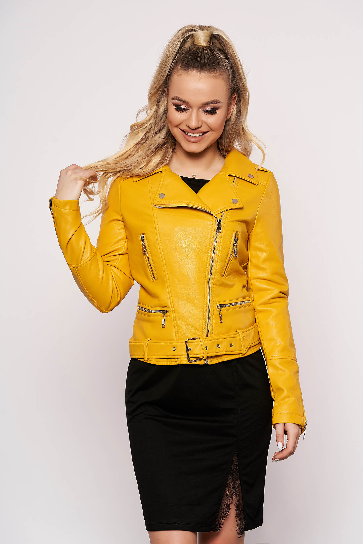 Mustard jacket short cut with zipper details pockets from ecological ...
