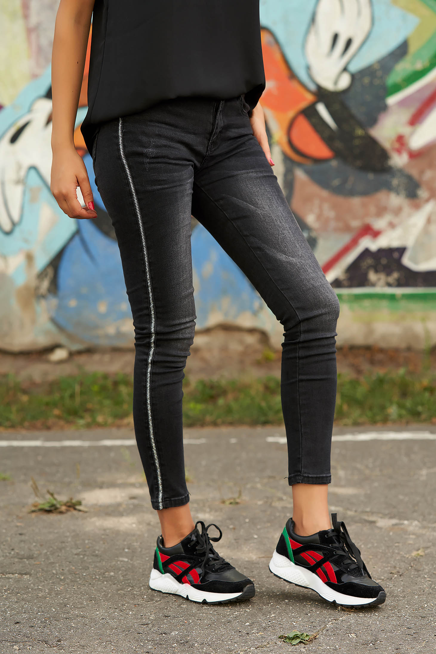 Blugi SunShine negri lungi casual cu talie medie skinny din denim cu buzunare