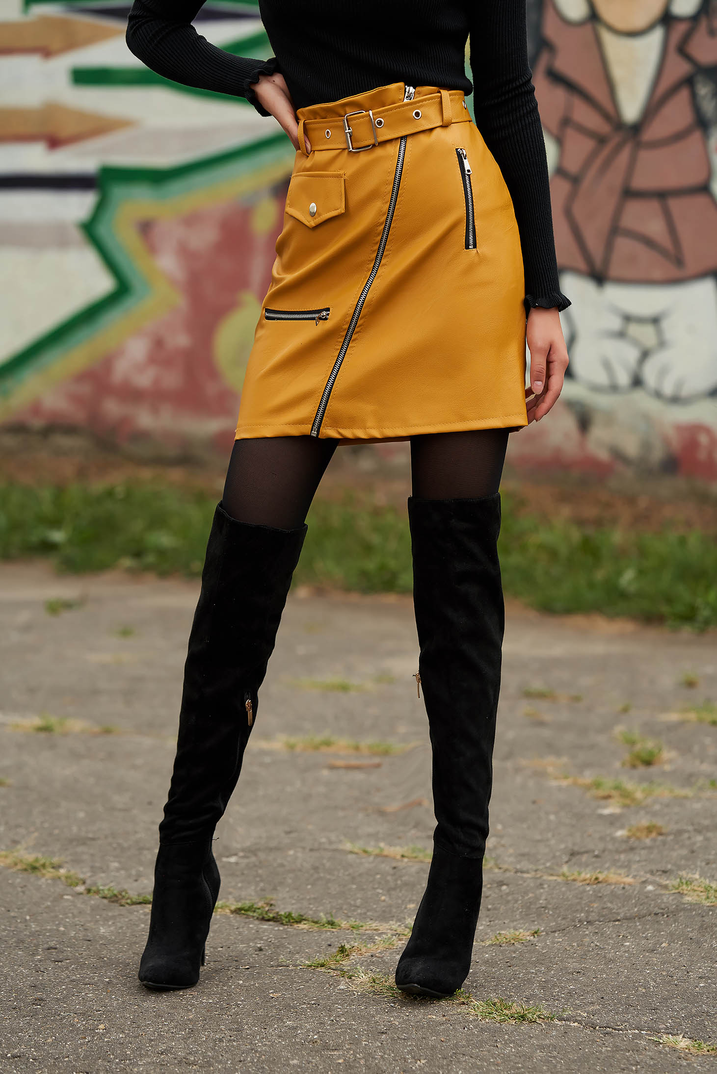 Mustard skirt casual short cut from ecological leather with faux pockets faux leather belt 1 - StarShinerS.com