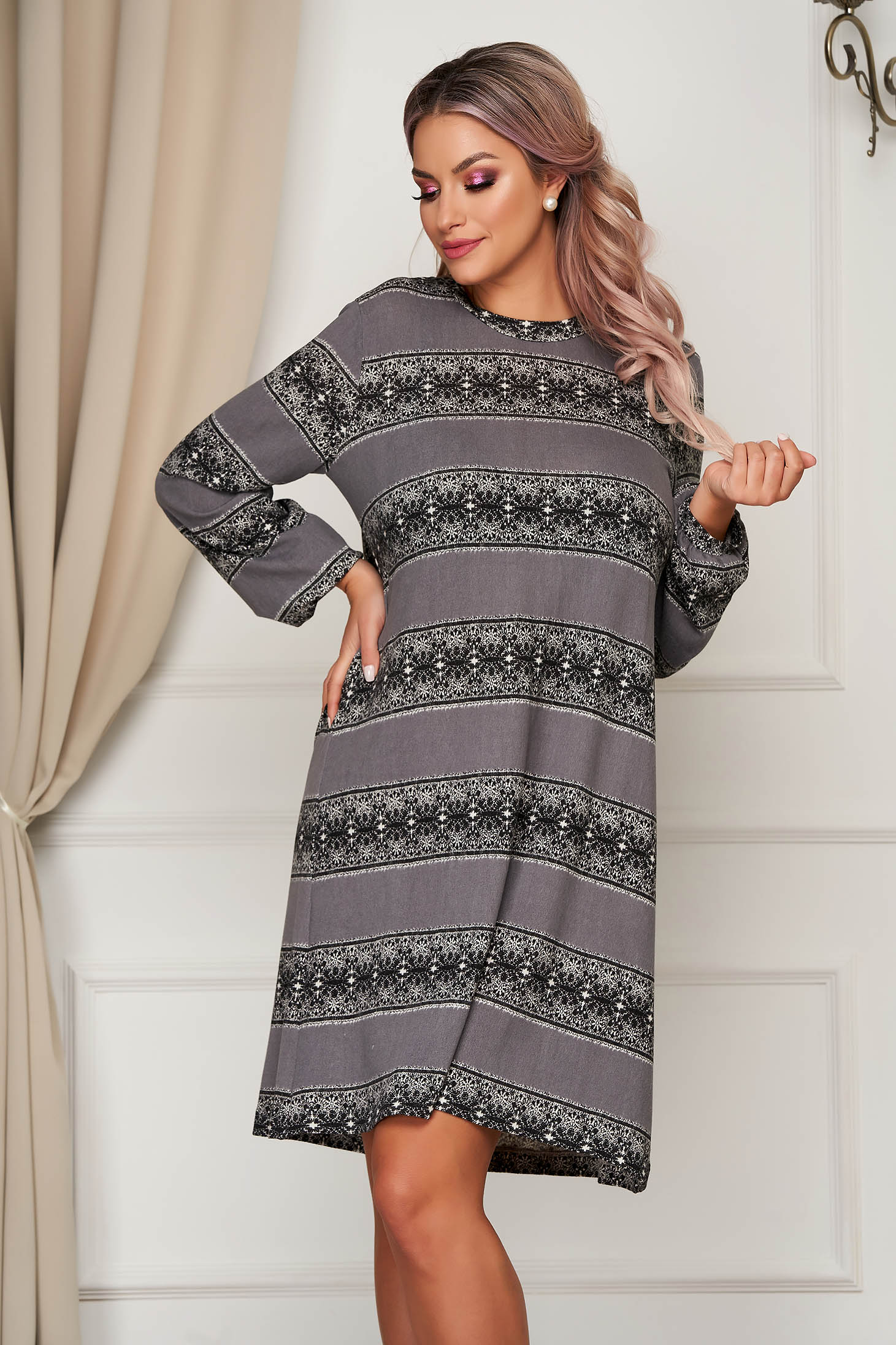 StarShinerS grey daily flared dress long sleeved thin fabric