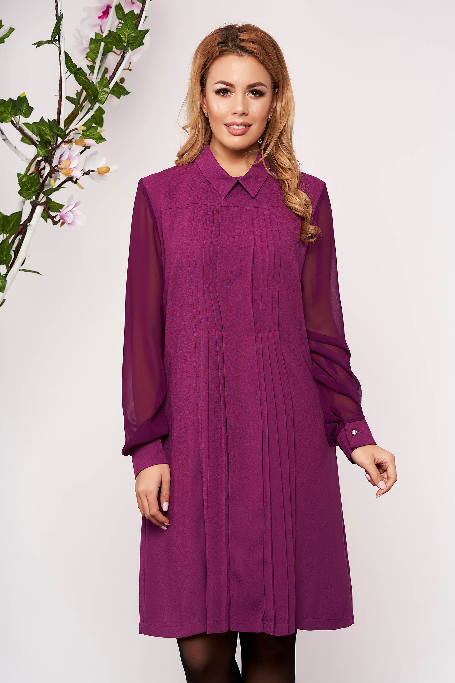 Purple dress occasional a-line midi with collar cloth long sleeve with pockets transparent sleeves
