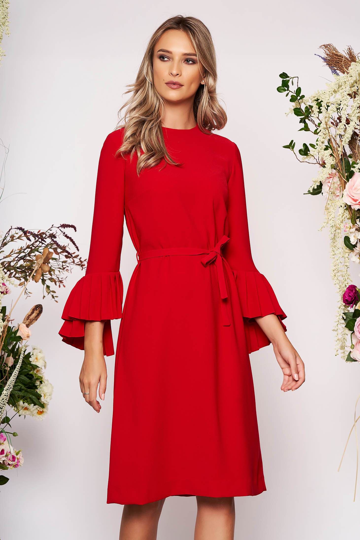 Midi elegant cloth flared long sleeved detachable cord red dress