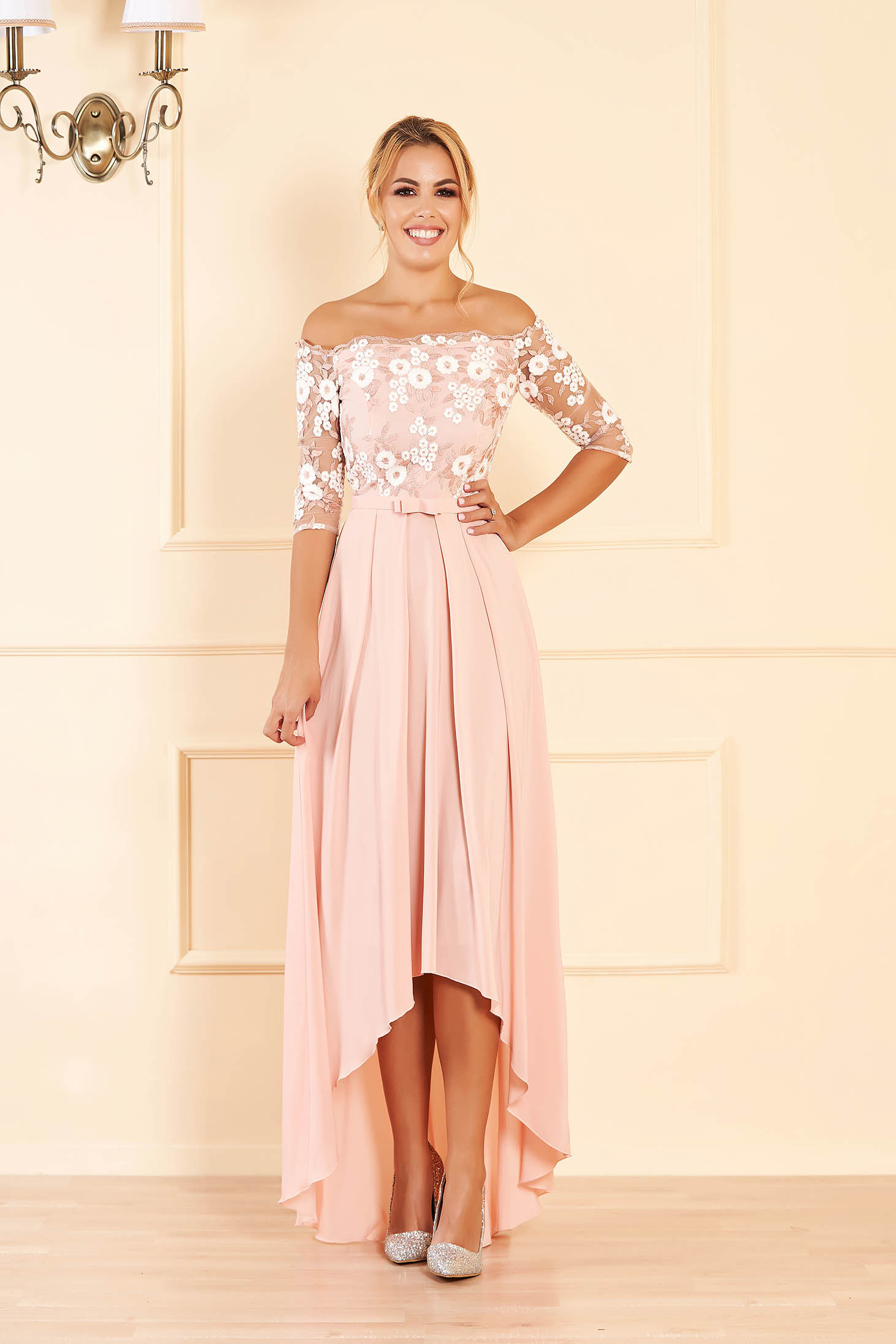 StarShinerS peach dress occasional midi cloche from veil fabric detachable cord with 3/4 sleeves naked shoulders