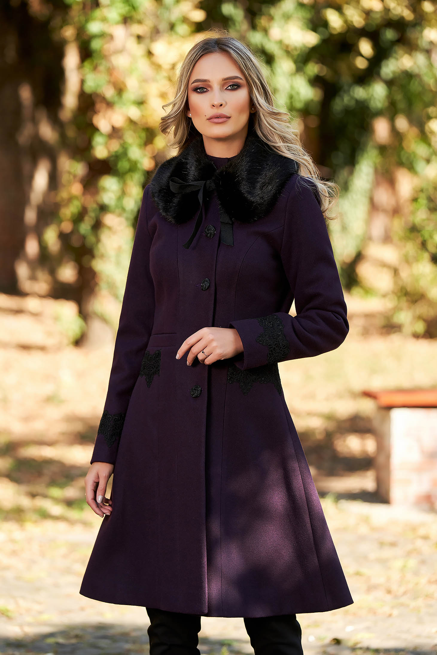Best impulse elegant from wool with inside lining purple coat with embroidery details with pockets