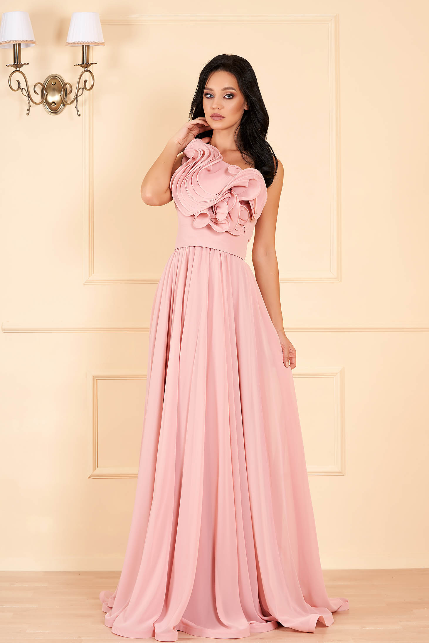 Ana Radu luxurious one shoulder from veil fabric with inside lining with ruffle details accessorized with tied waistband peach dress
