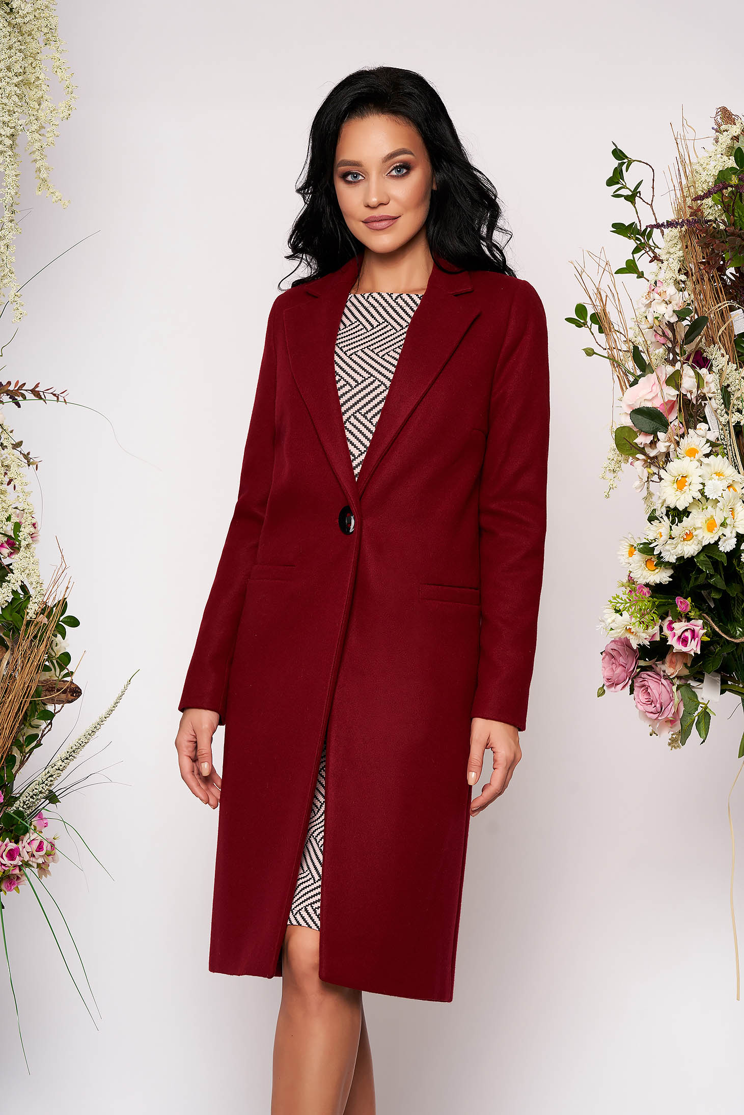 Straight with pockets burgundy coat from wool basic with inside lining
