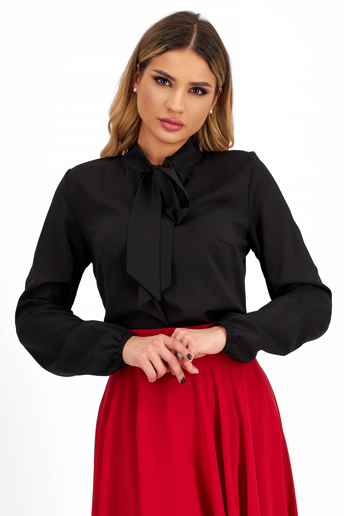 Ladies' blouse made of black veil with body cut and scarf-type collar - StarShinerS 1 - StarShinerS.com
