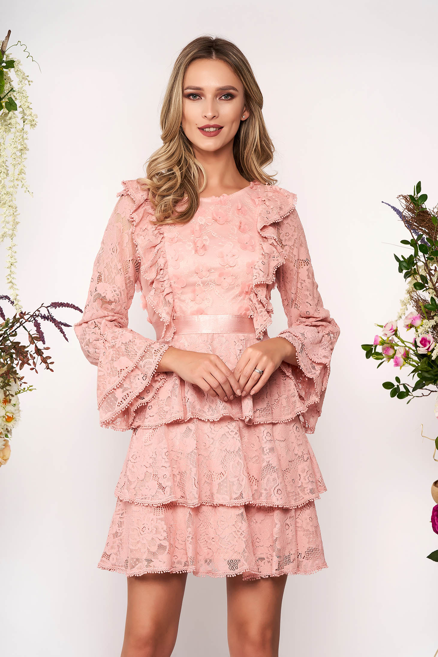 Pink lace dress with bell outlet sleeves