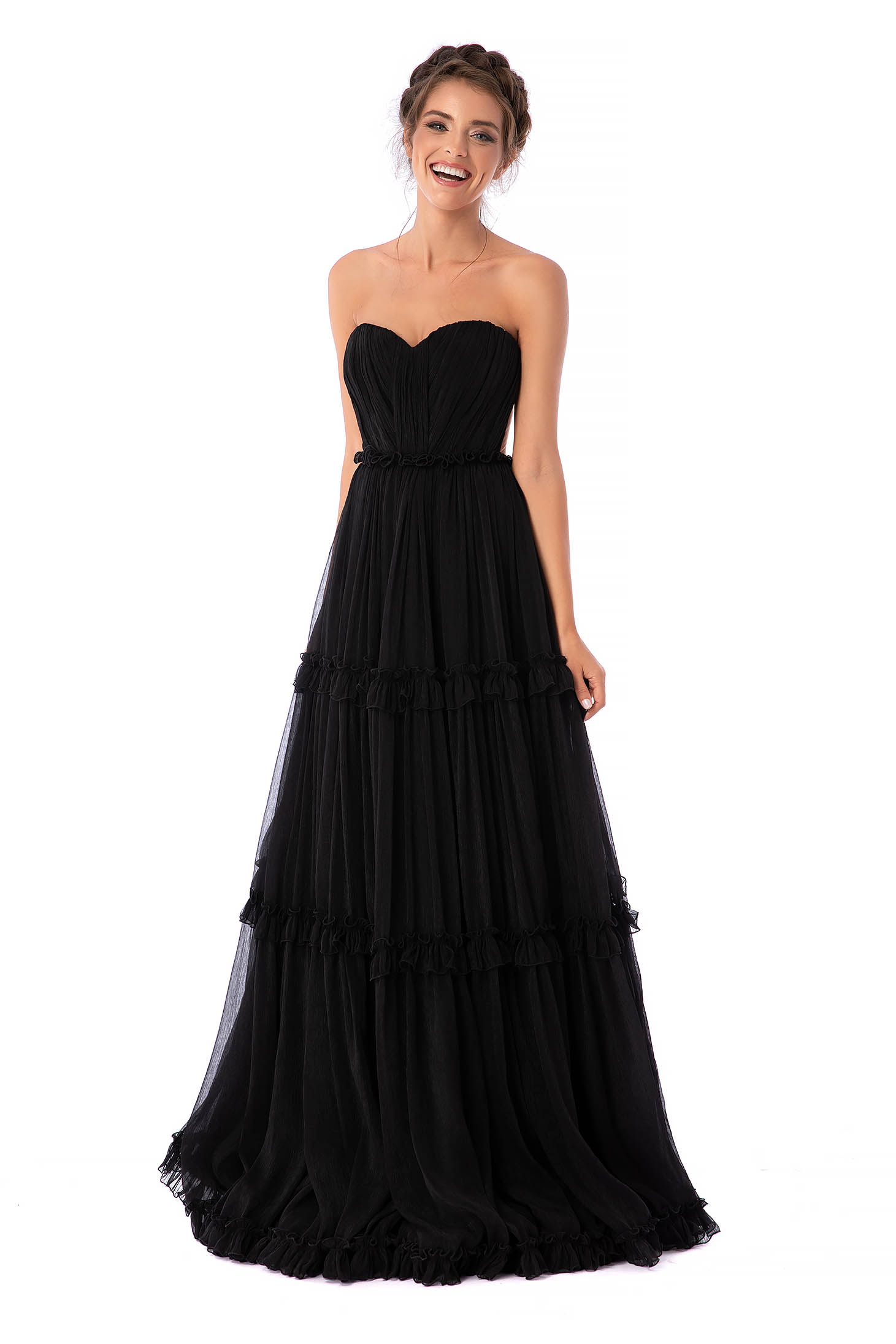 Ana Radu luxurious long cloche corset black dress with ruffle details and naked shoulders