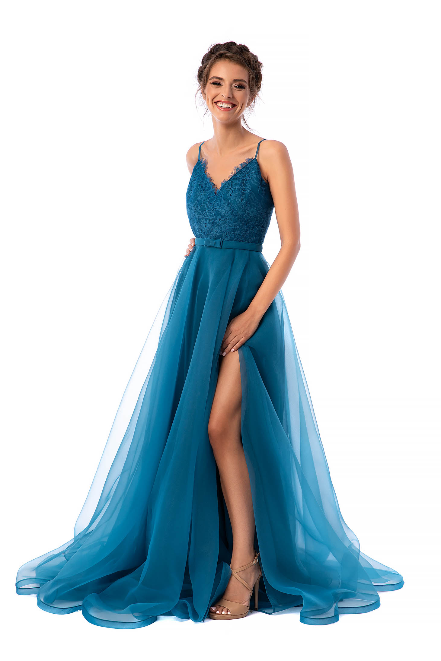 Long turquoise tulle dress with ruffle - Ana Radu 1 - StarShinerS.com