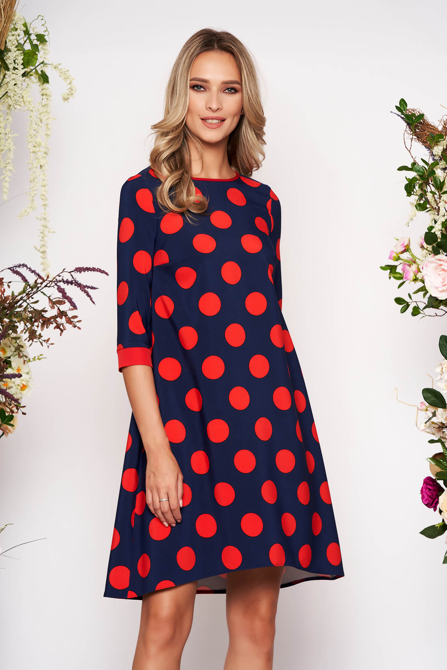 StarShinerS red daily flared dress 3/4 sleeve slightly elastic fabric dots print