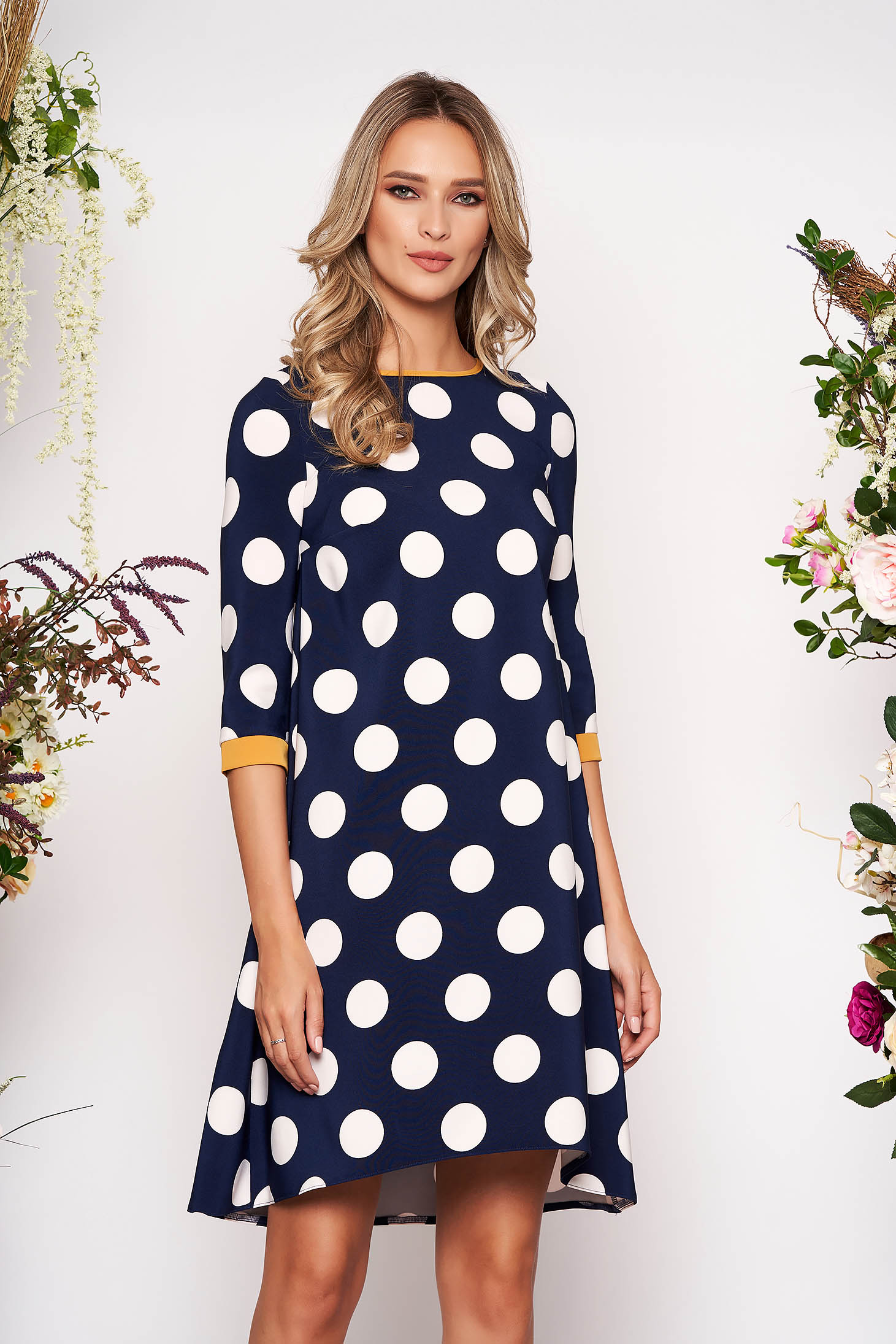 StarShinerS darkblue daily flared dress 3/4 sleeve slightly elastic fabric dots print