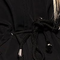 Jacket black casual with easy cut with undetachable hood with faux fur accessory is fastened around the waist with a ribbon with inside lining double-faced