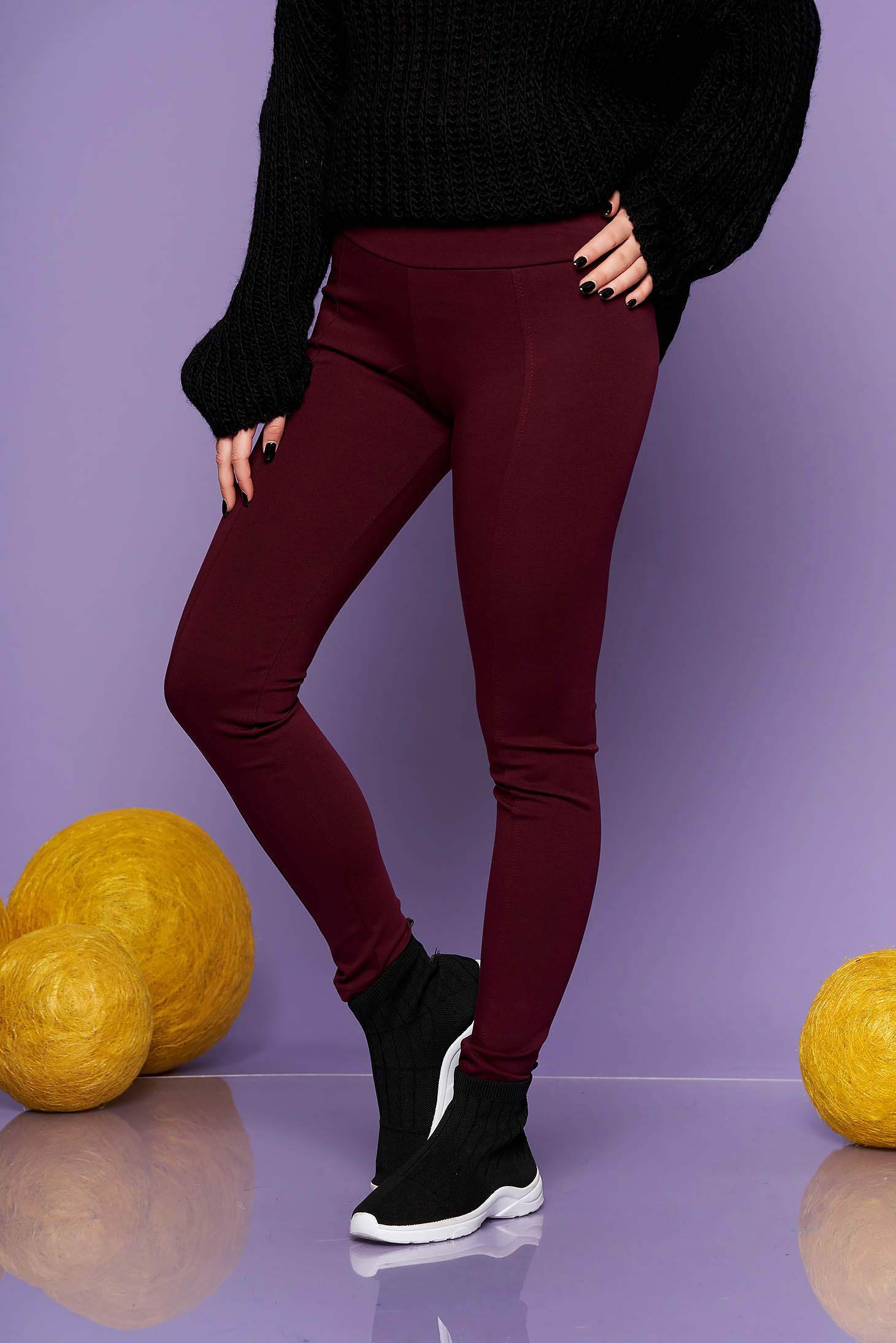 Burgundy casual tights with medium waist from elastic fabric