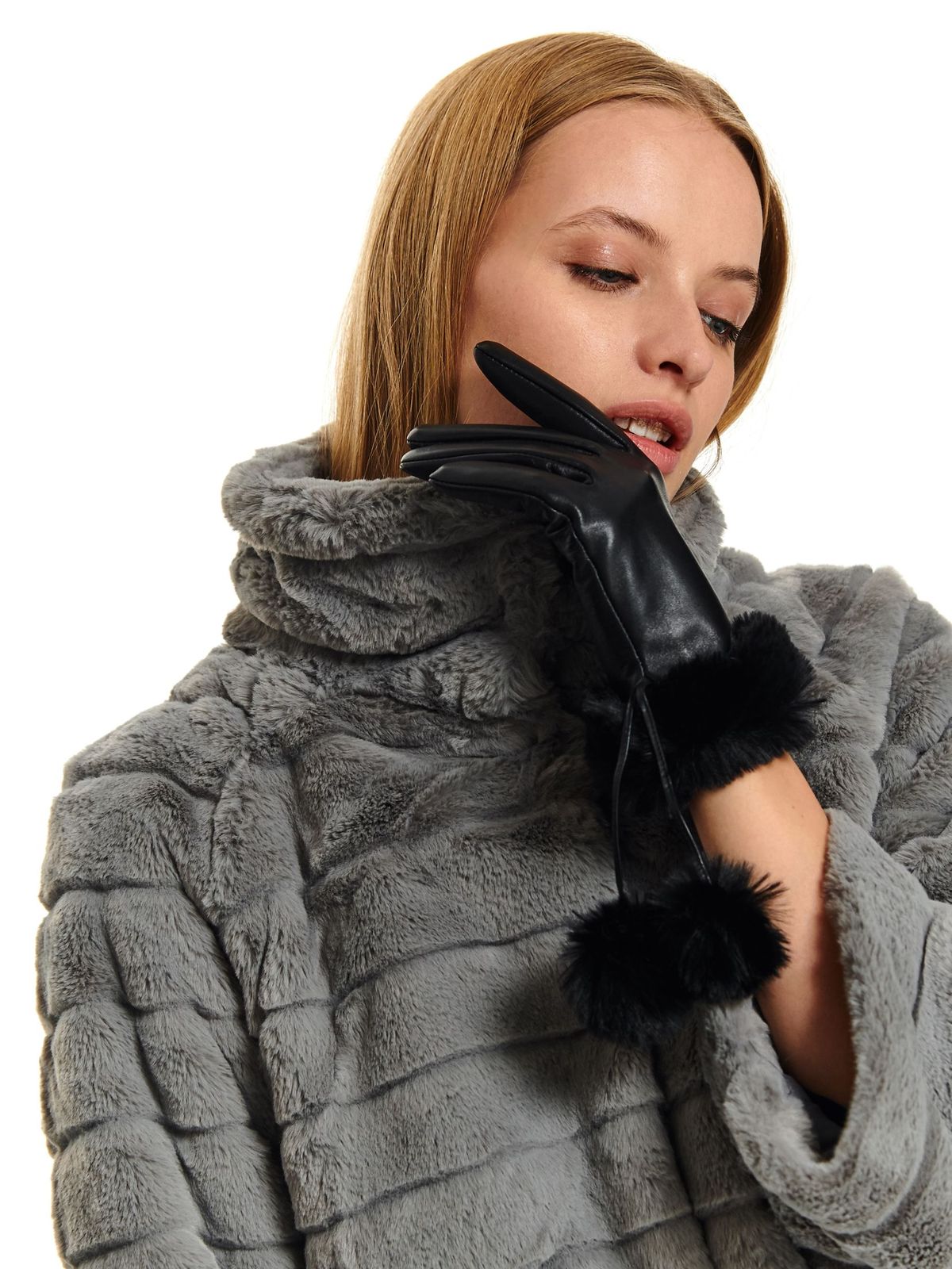 Manusi dama Top Secret negre casual din piele naturala cu ciucuri din blana artificiala