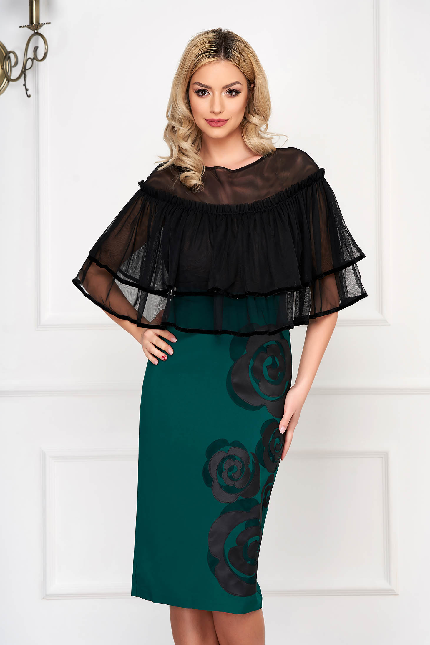 Green occasional pencil midi dress with ruffles on the chest with tented cut overlay material at bust