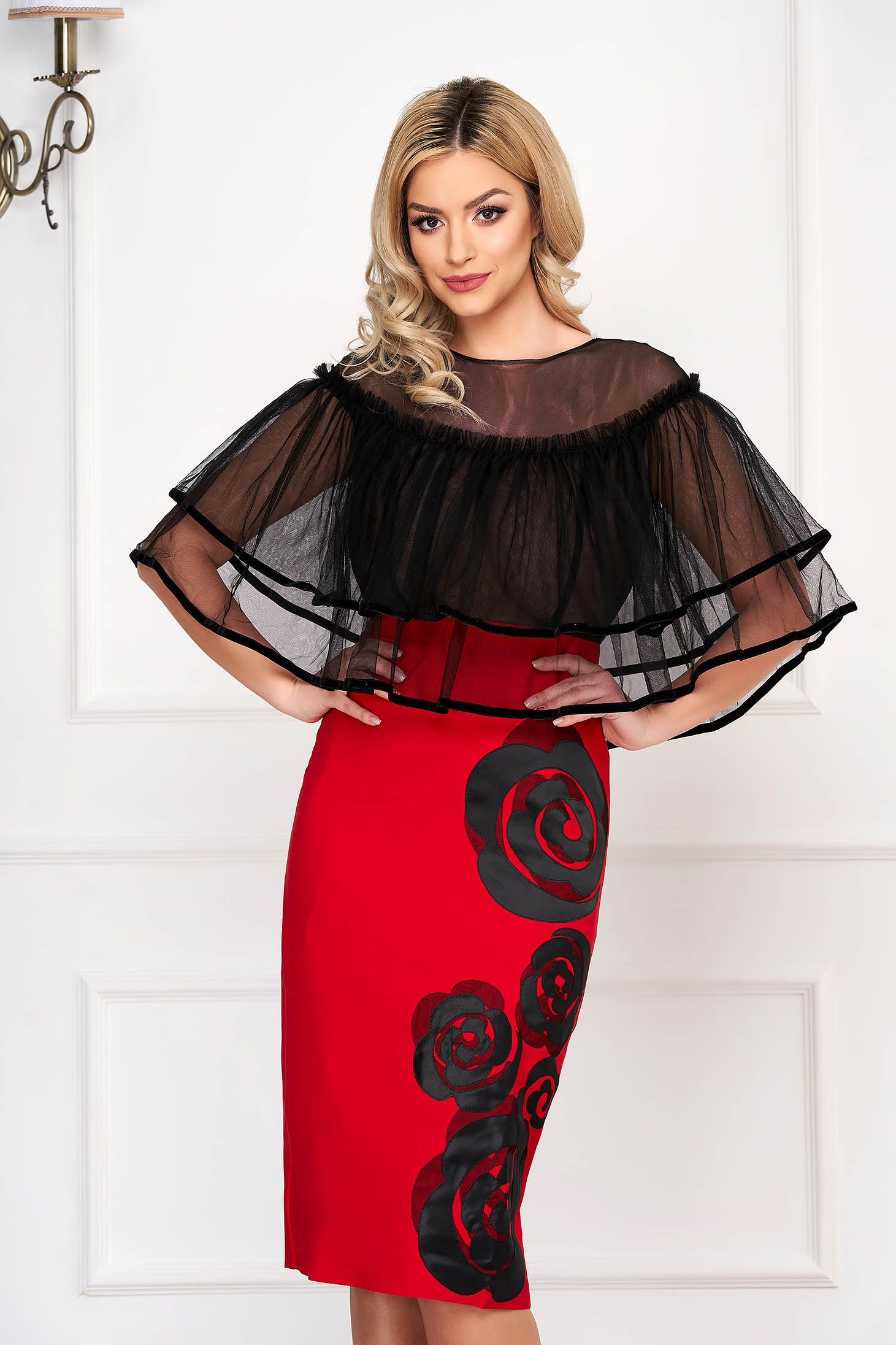 Red occasional pencil midi dress with ruffles on the chest with tented cut overlay material at bust 1 - StarShinerS.com