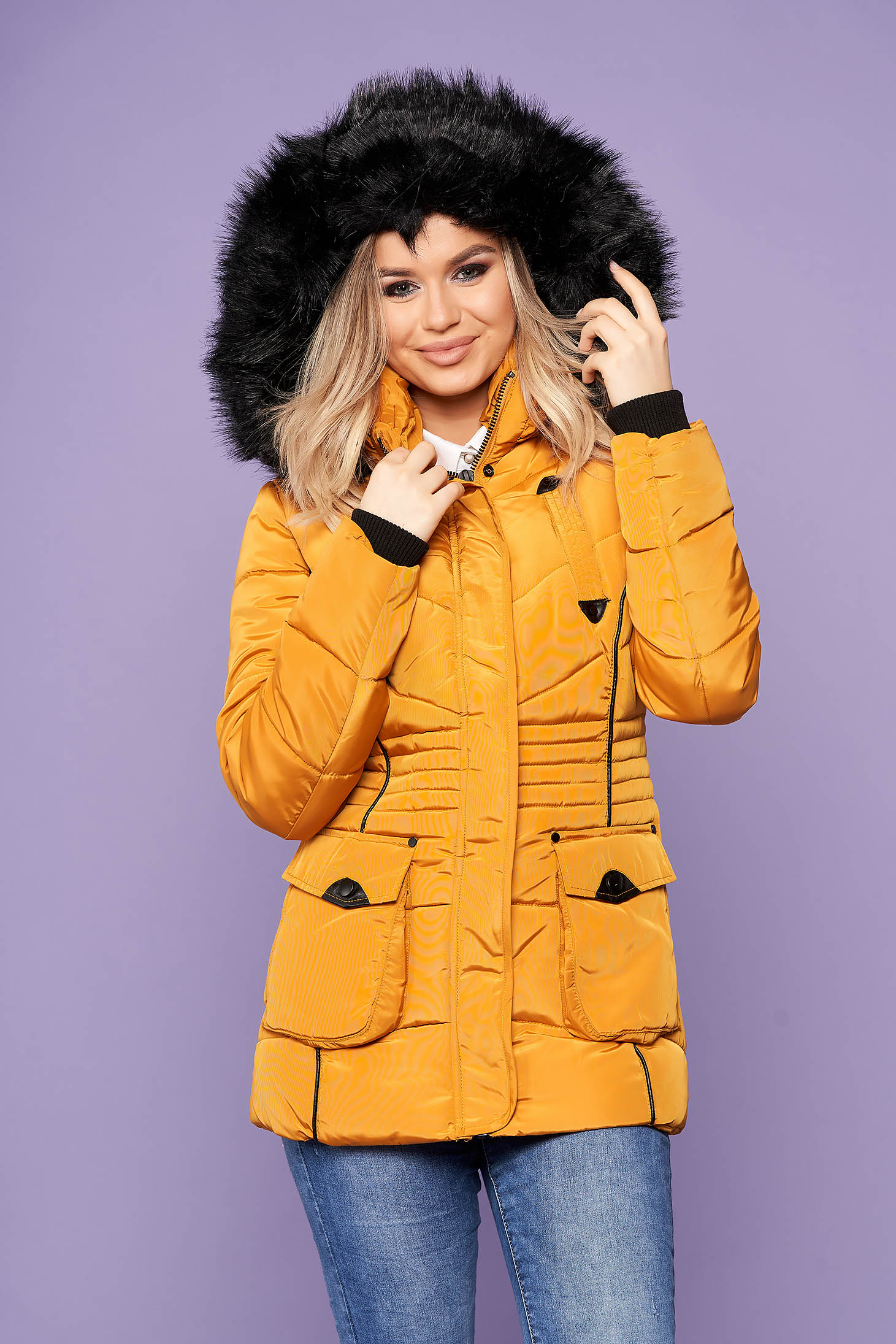 Mustard jacket clearance with fur hood