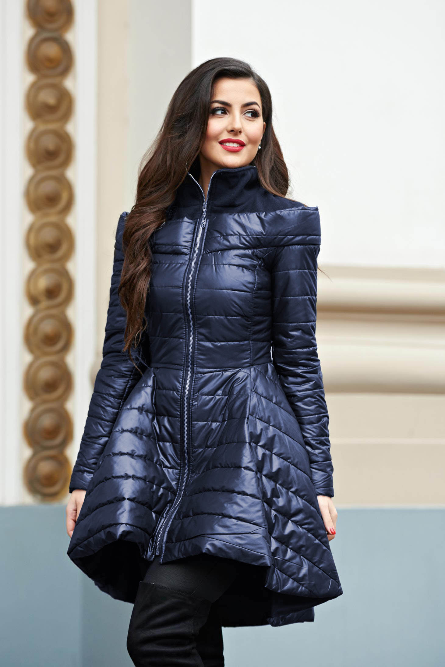 Darkblue jacket casual midi from slicker asymmetrical flaring cut zipper fastening