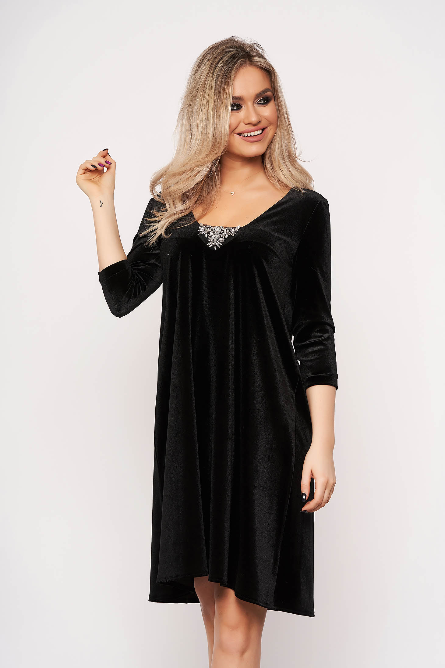 StarShinerS black dress occasional strass velvet with 3/4 sleeves flaring cut