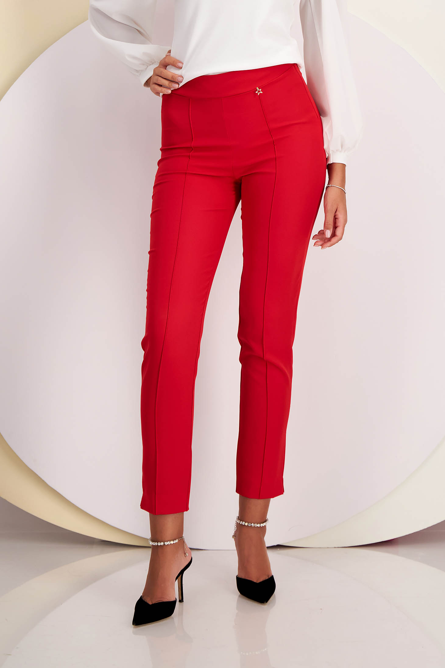 High-Waisted Red Tapered Trousers made from Slightly Stretchy Fabric - StarShinerS 1 - StarShinerS.com