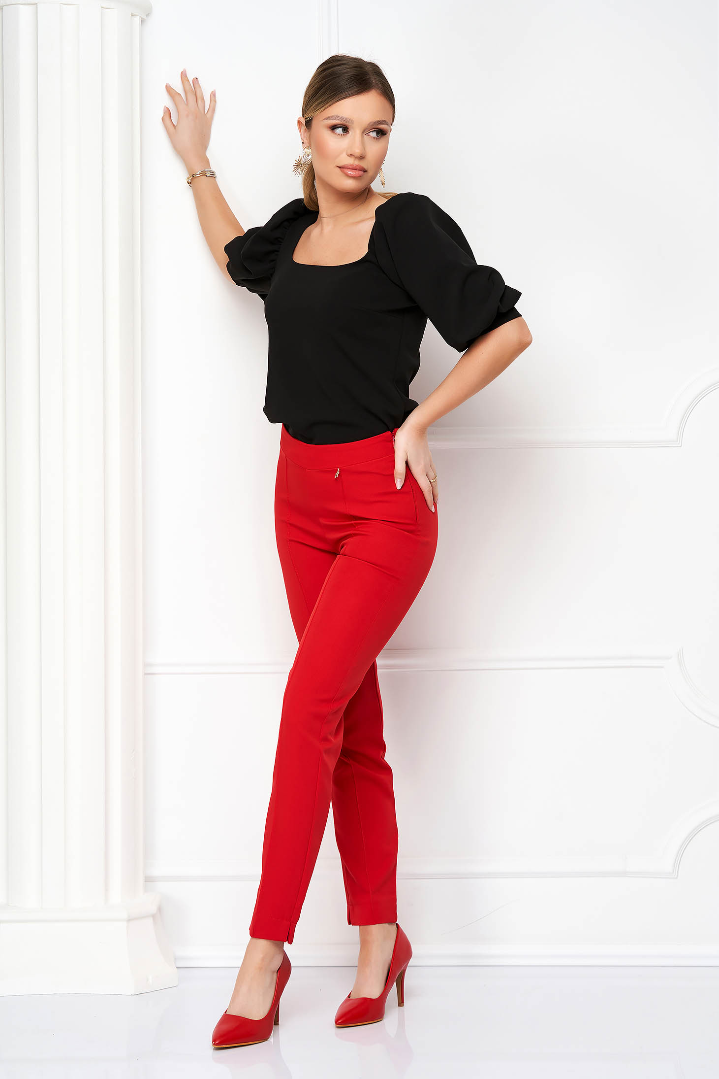 Pantaloni din stofa usor elastica rosii conici cu talie inalta - StarShinerS