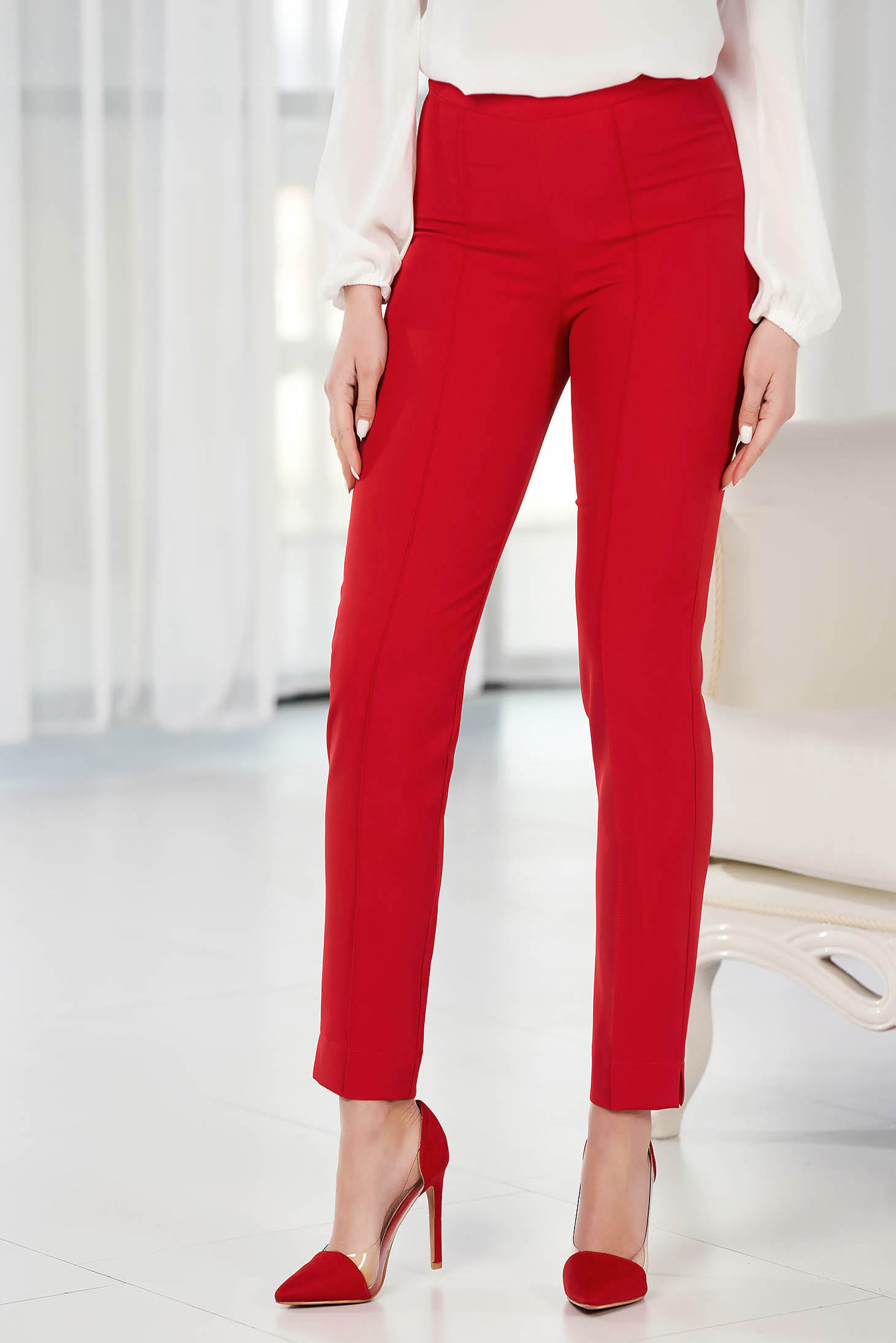 Pantaloni StarShinerS rosii office conici din material usor elastic cu talie inalta