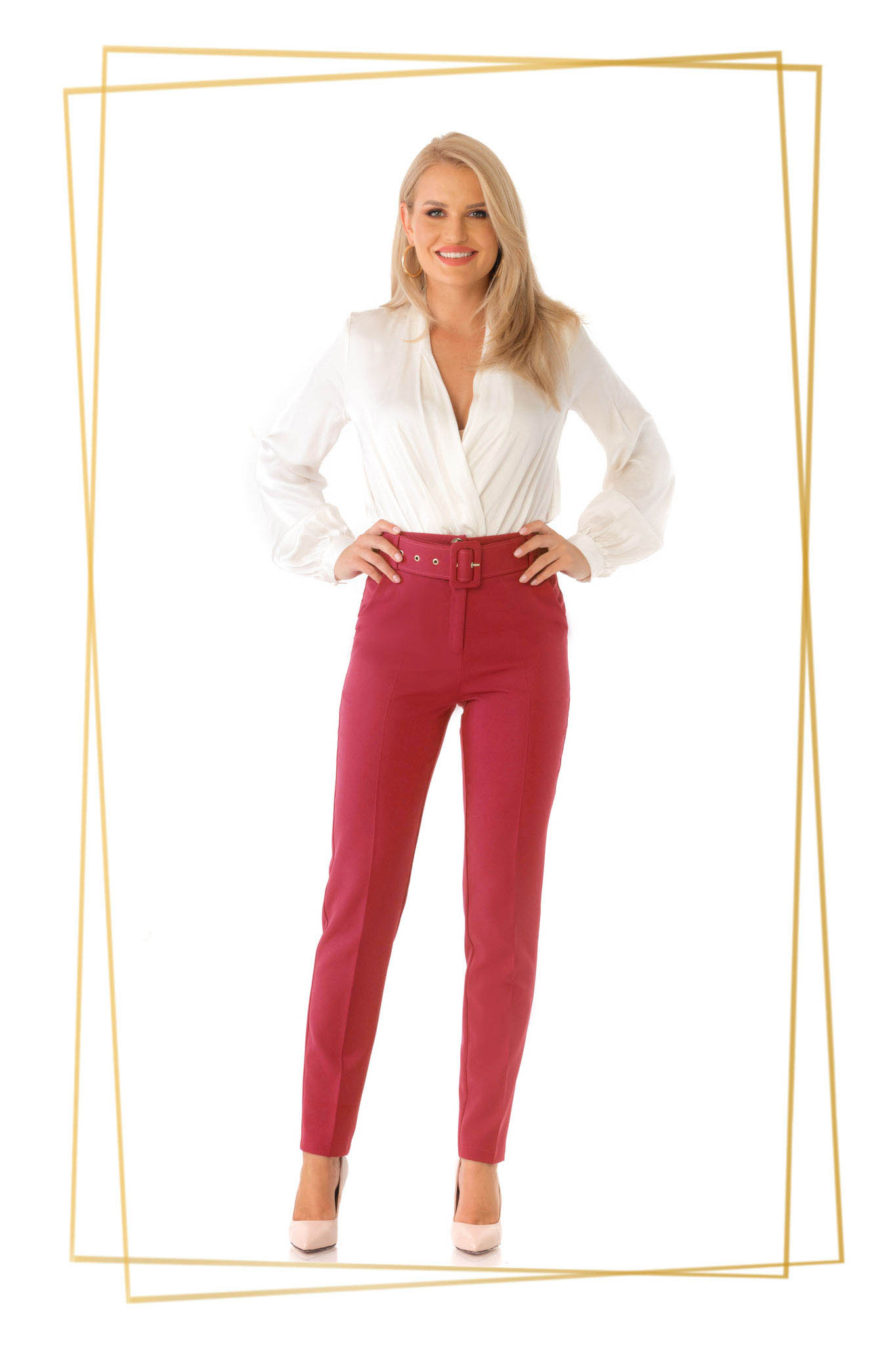Pantaloni PrettyGirl corai office conici cu talie inalta cu accesoriu tip curea