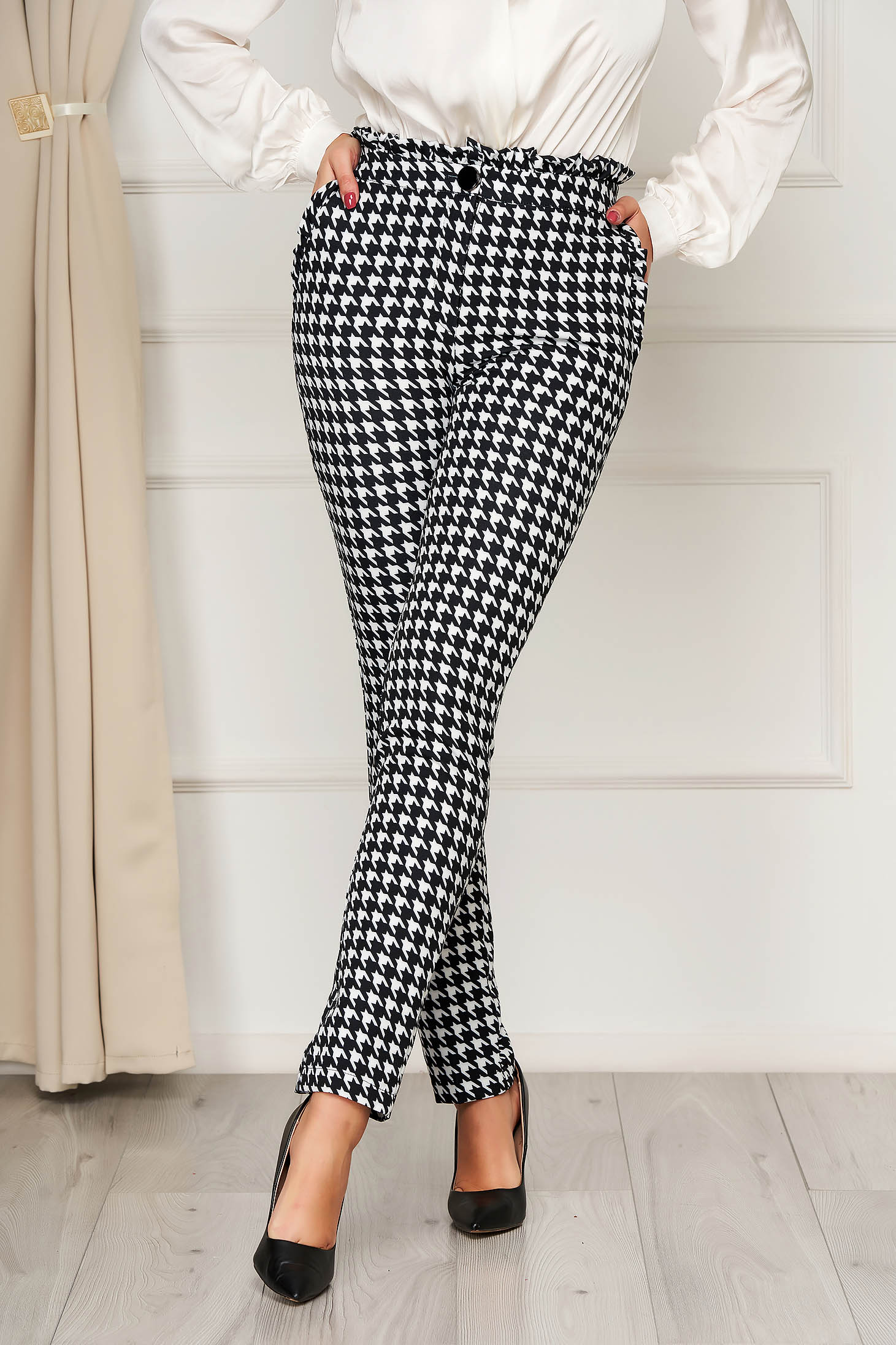 Pantaloni PrettyGirl negri office cu buzunare cu talie inalta si print dogtooth