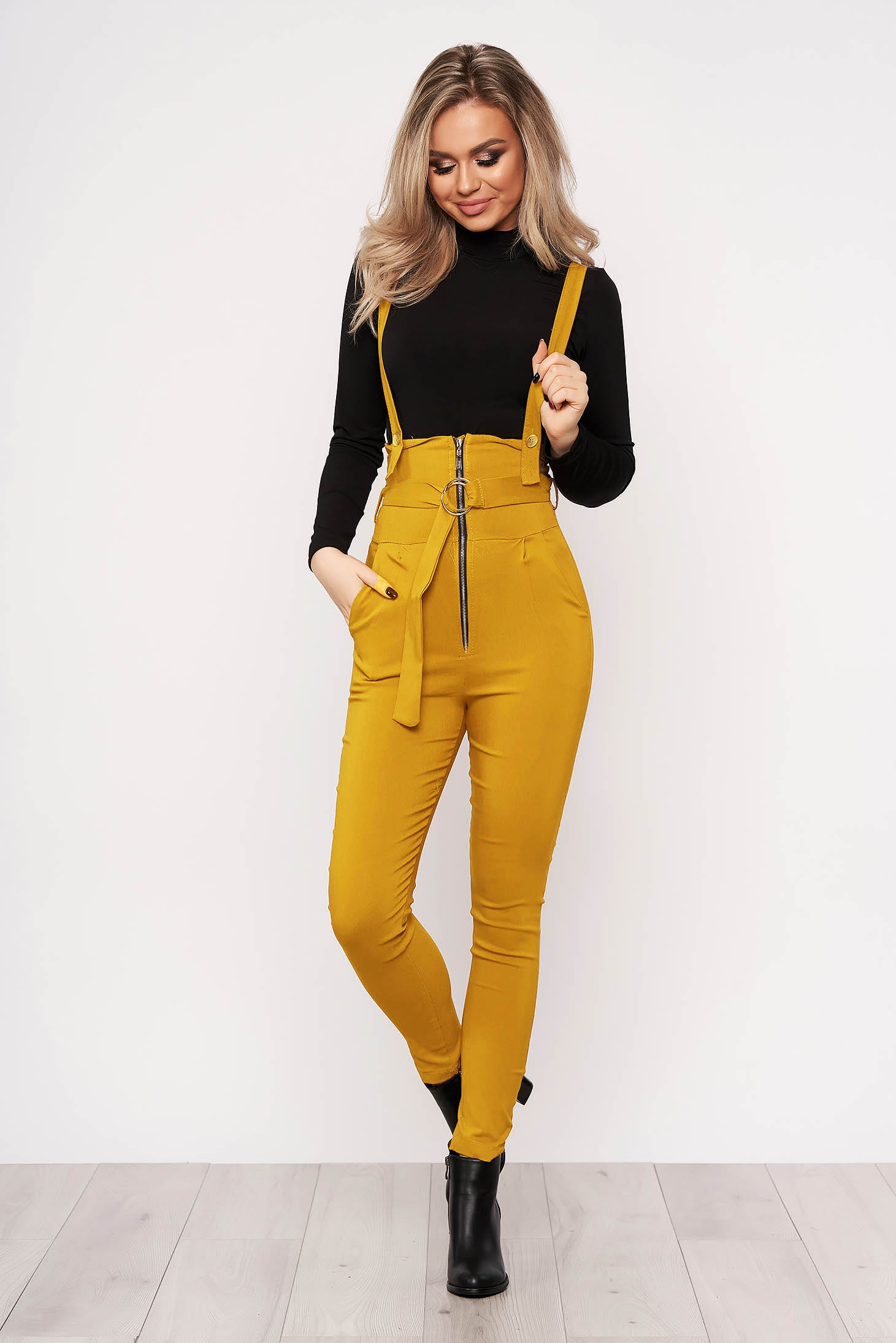 Salopeta SunShine mustarie casual stretch cu accesoriu inclus si fermoar frontal