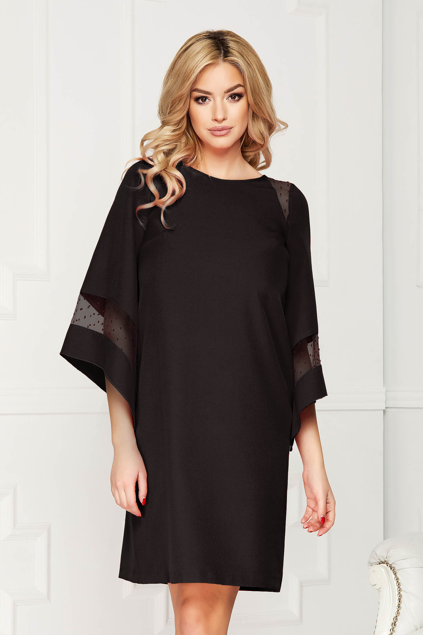 Dress StarShinerS black occasional cloth midi flared cut with inside lining bell sleeves