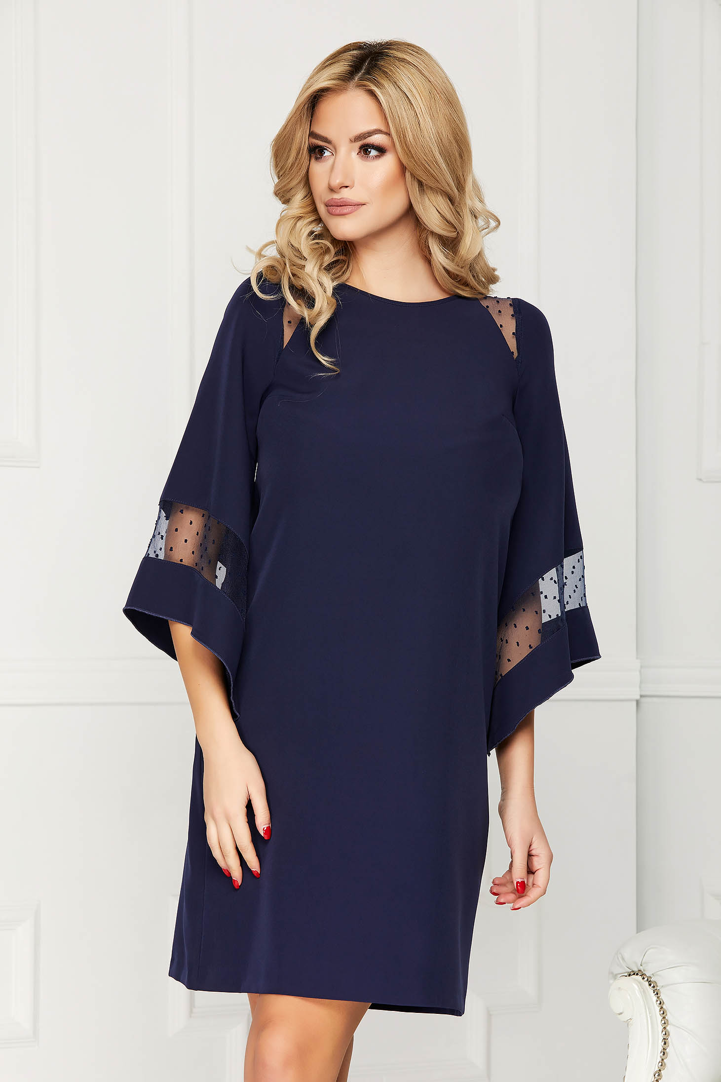 Rochie StarShinerS albastru-inchis midi de ocazie din stofa cu croi tip balon captusita pe interior cu maneci clopot