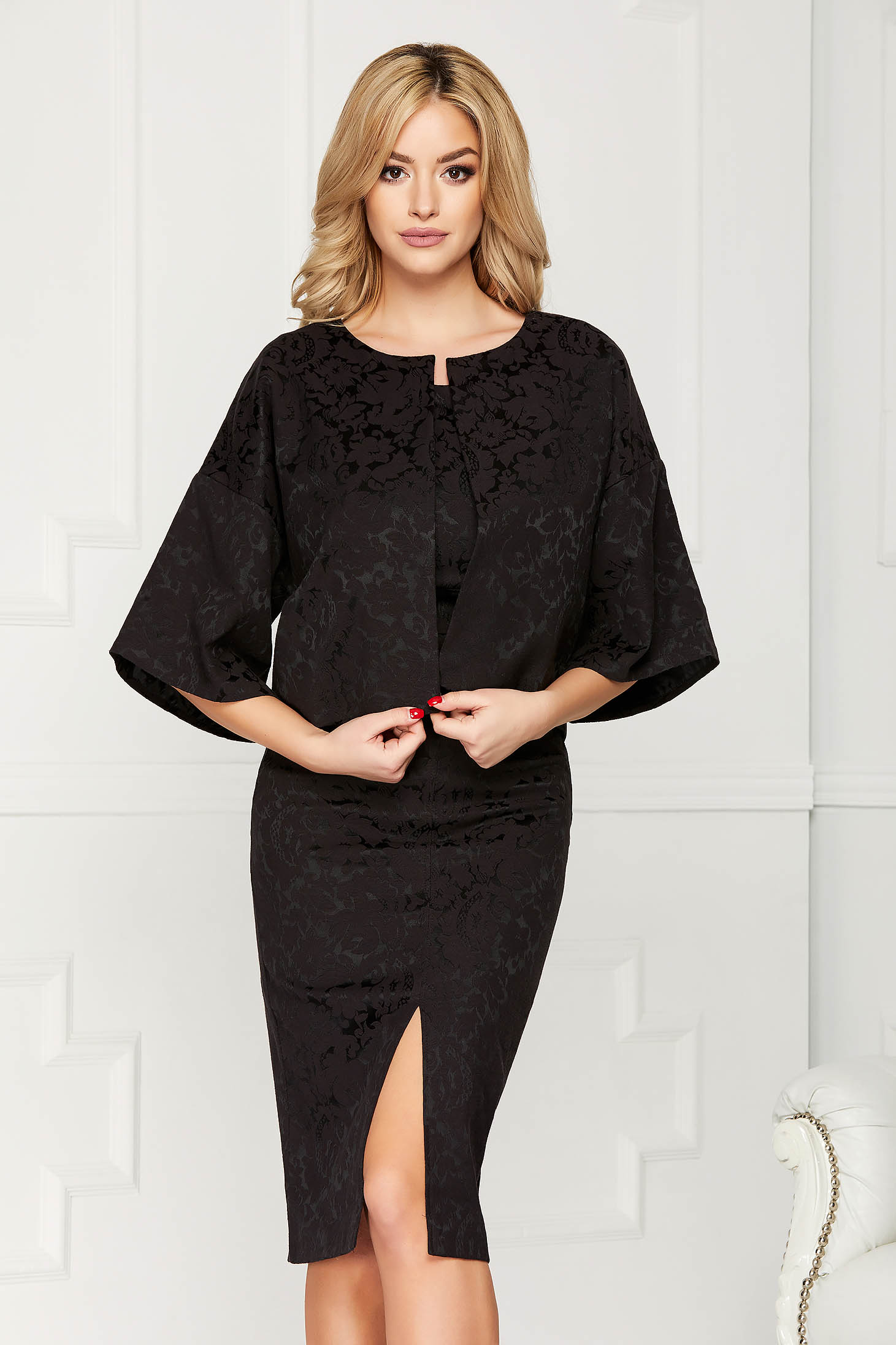 StarShinerS black jacket occasional short cut flared jacquard with butterfly sleeves with 3/4 sleeves